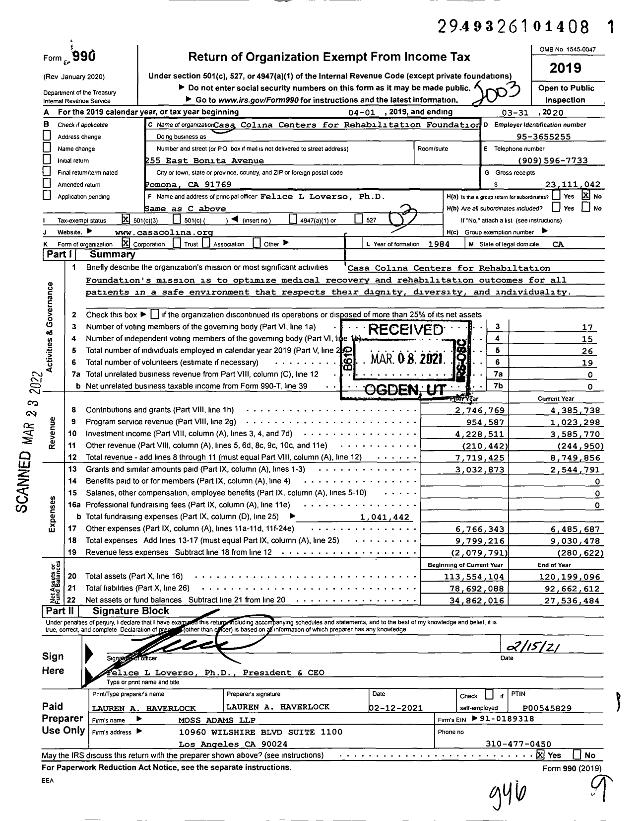 Image of first page of 2019 Form 990 for Casa Colina Foundation