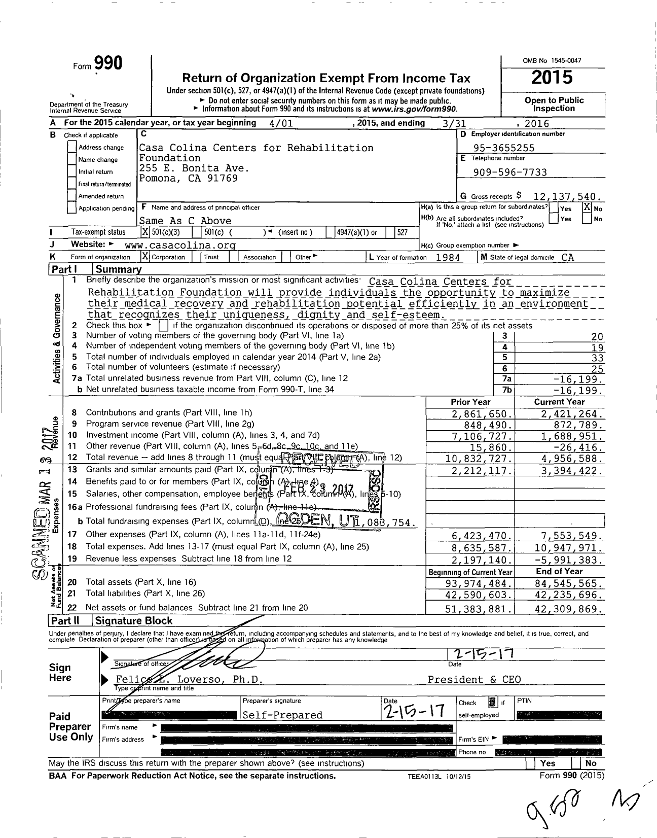 Image of first page of 2015 Form 990 for Casa Colina Foundation