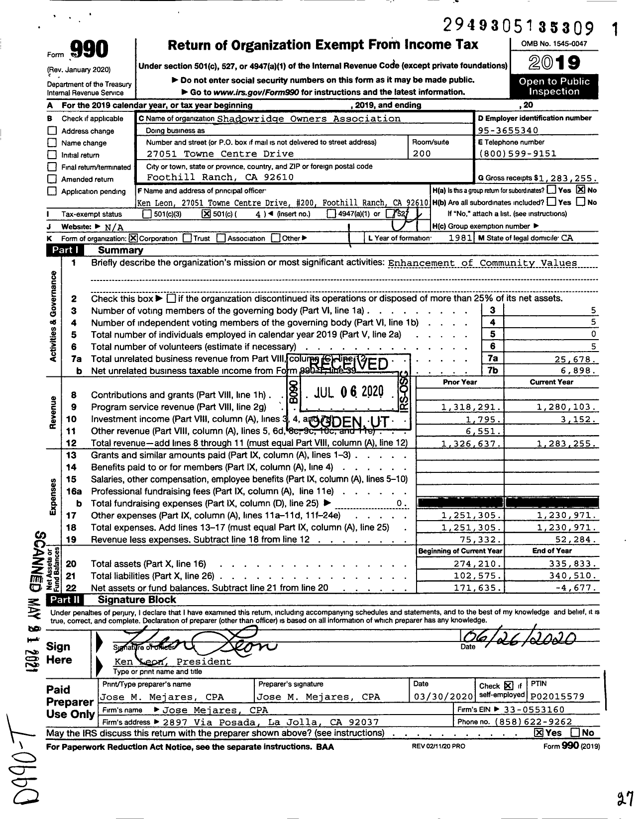 Image of first page of 2019 Form 990O for Shadowridge Owners Association