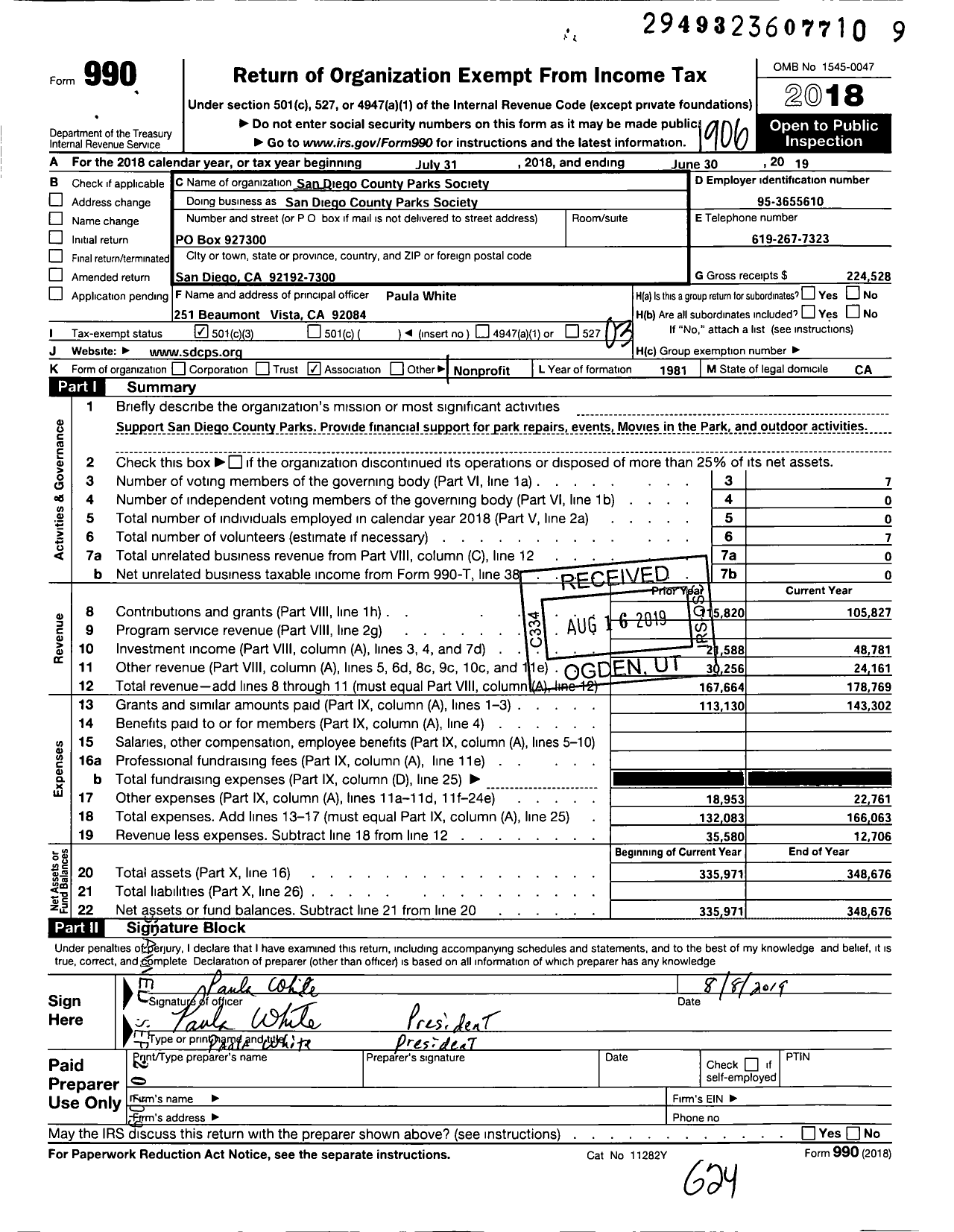 Image of first page of 2018 Form 990 for San Diego County Parks Society