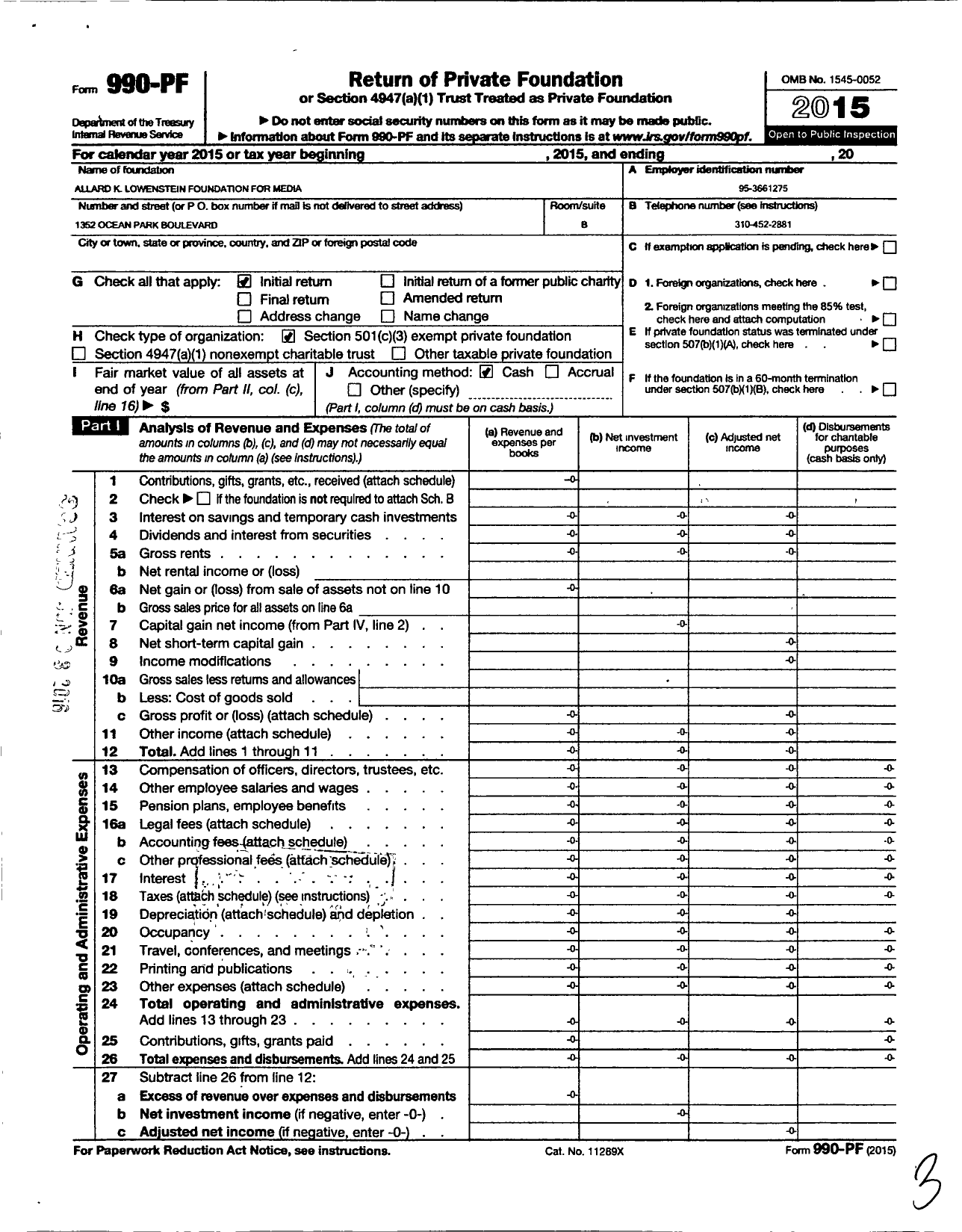 Image of first page of 2015 Form 990PF for Allard K Lowenstein Foundation for Media