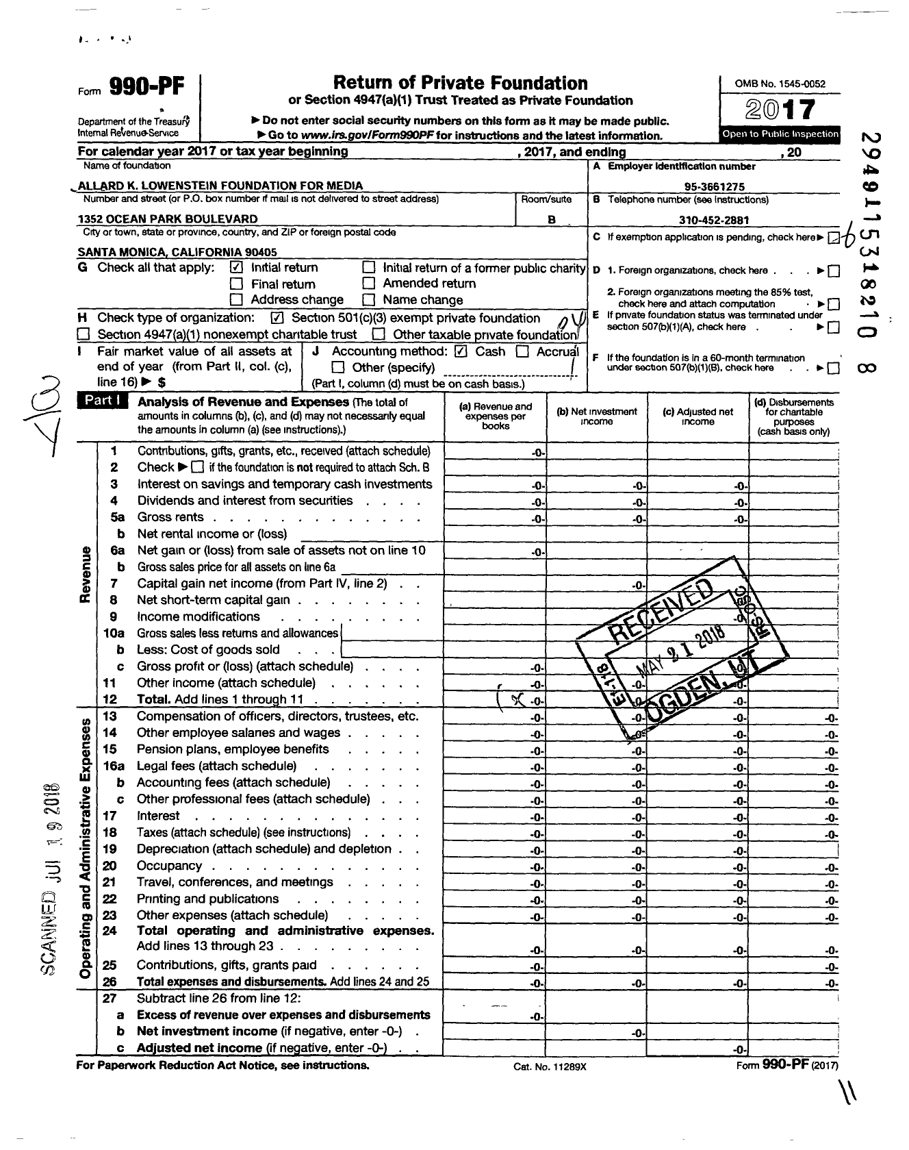 Image of first page of 2017 Form 990PF for Allard K Lowenstein Foundation for Media