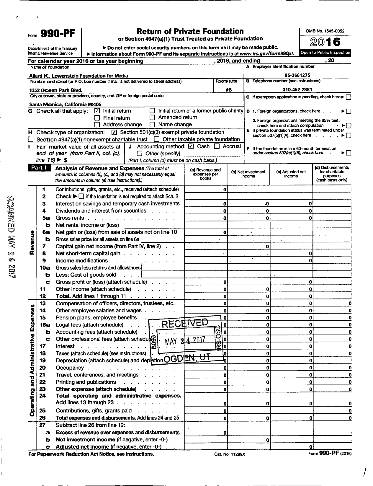 Image of first page of 2016 Form 990PF for Allard K Lowenstein Foundation for Media