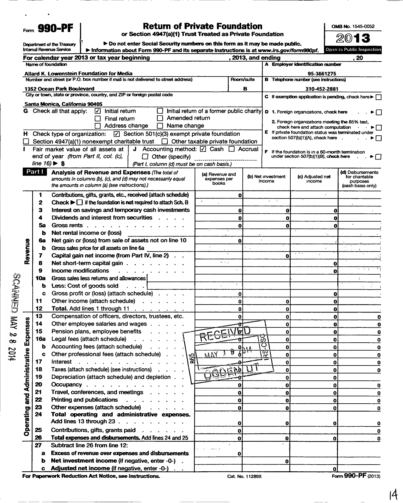 Image of first page of 2013 Form 990PF for Allard K Lowenstein Foundation for Media