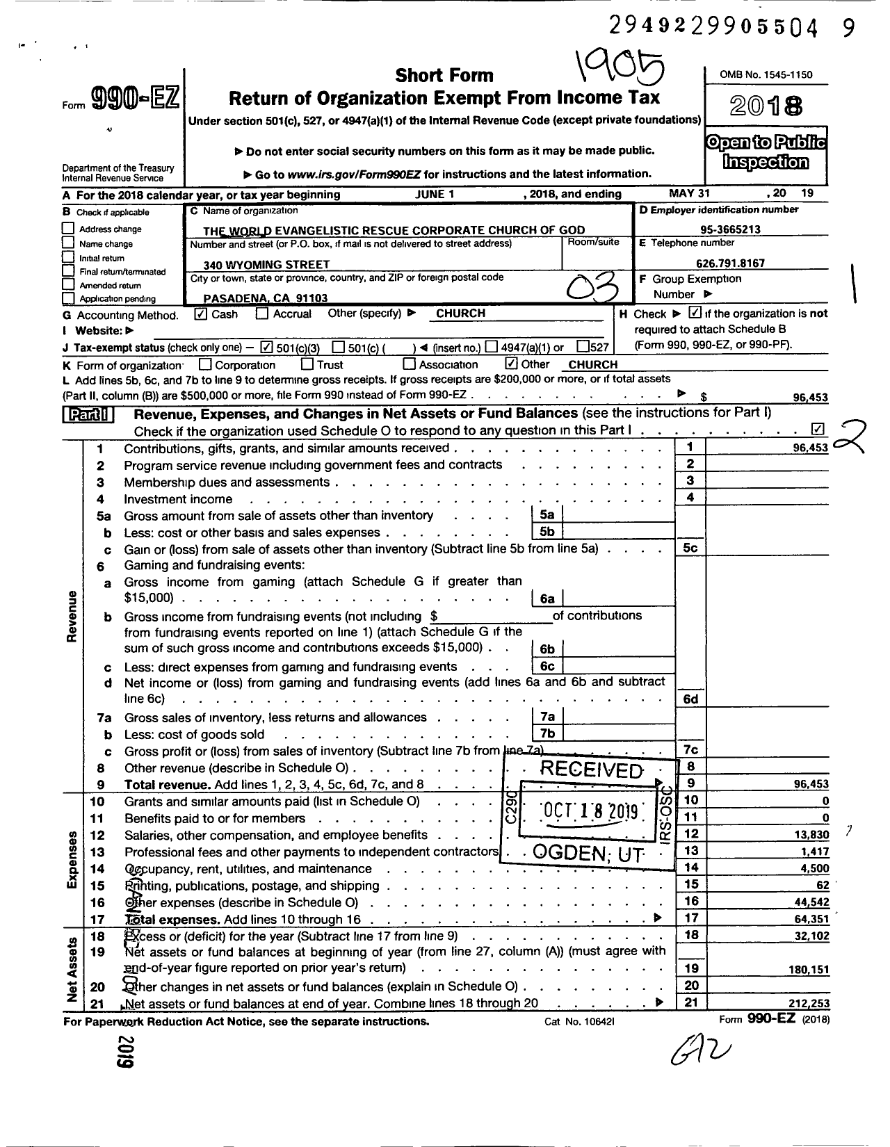 Image of first page of 2018 Form 990EZ for World Evangelistic Rescue Corporate Church of God