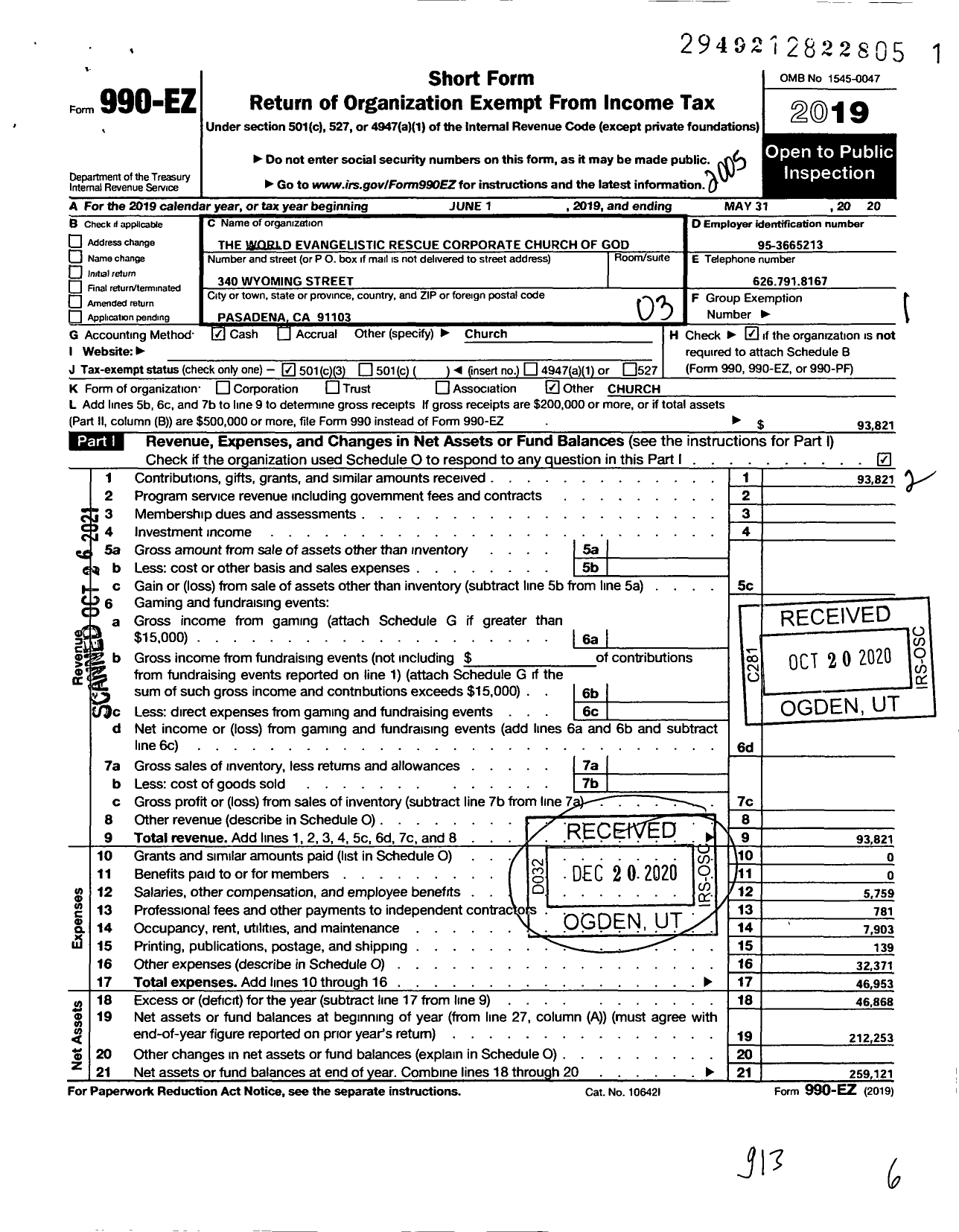 Image of first page of 2019 Form 990EZ for World Evangelistic Rescue Corporate Church of God