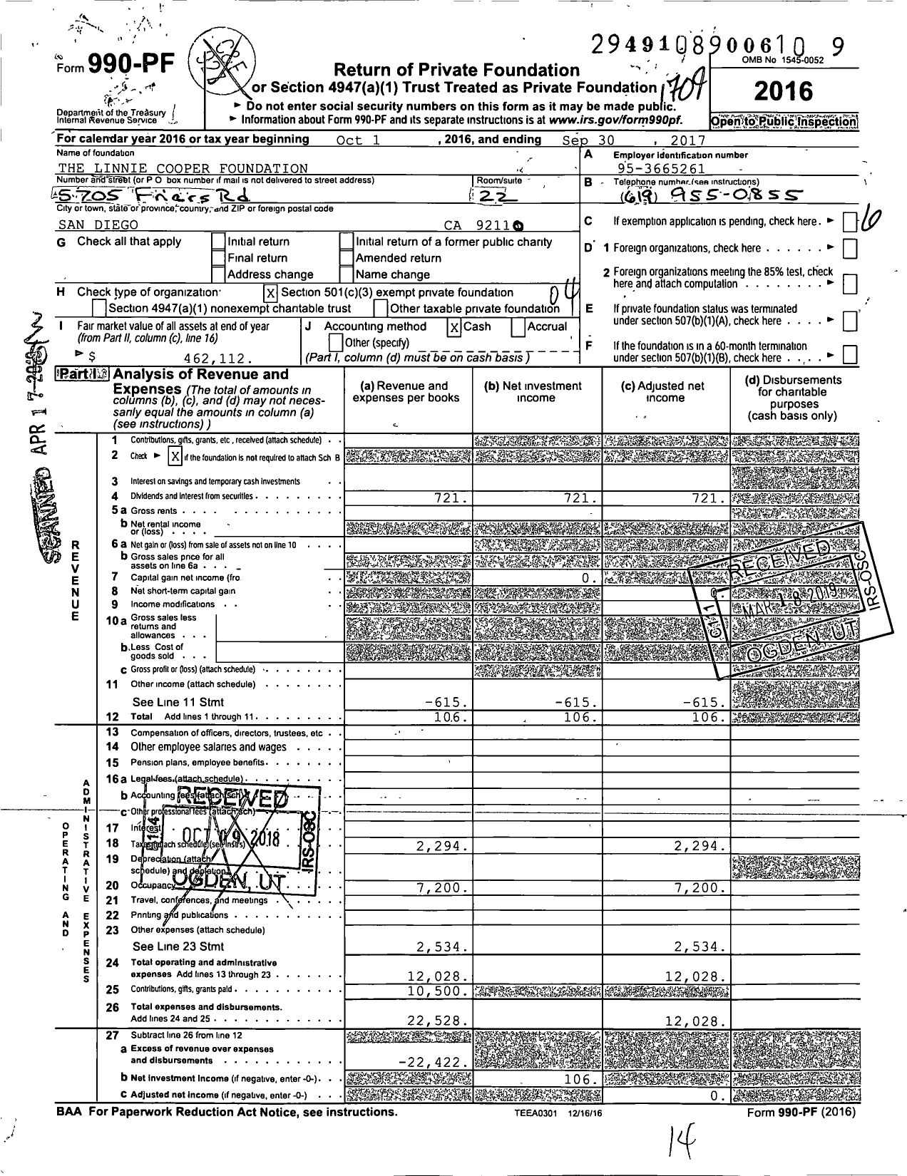 Image of first page of 2016 Form 990PF for The Linnie Cooper Foundation