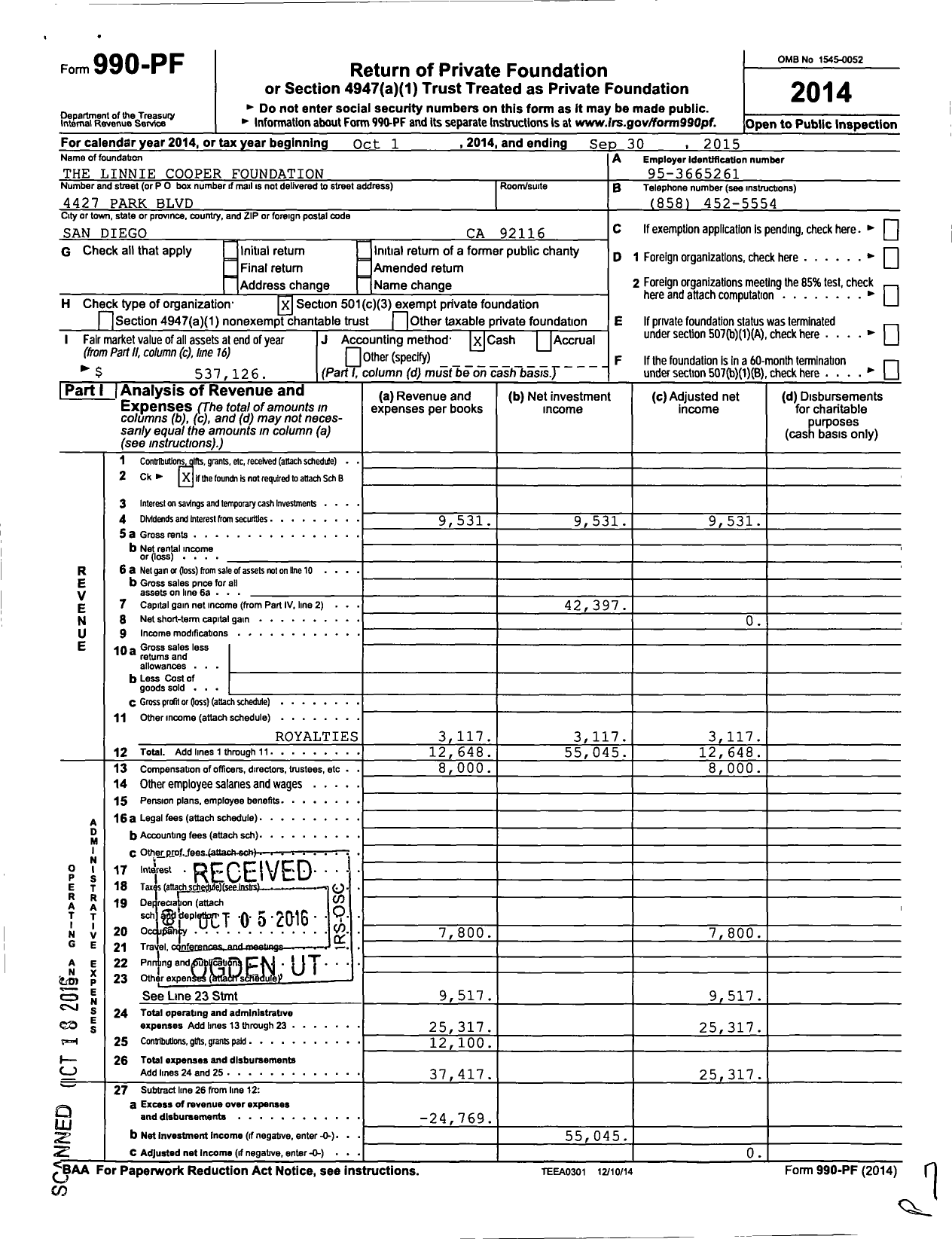 Image of first page of 2014 Form 990PF for The Linnie Cooper Foundation