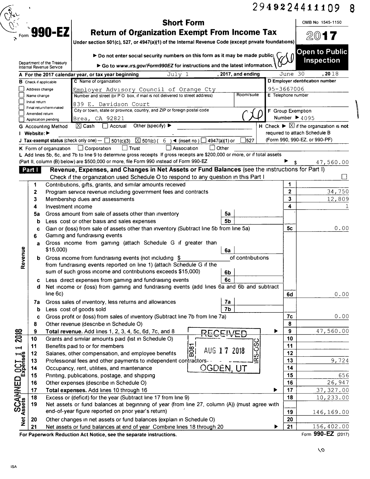 Image of first page of 2017 Form 990EO for California Employer Advisory Council / Orange County Emp Advisory Council