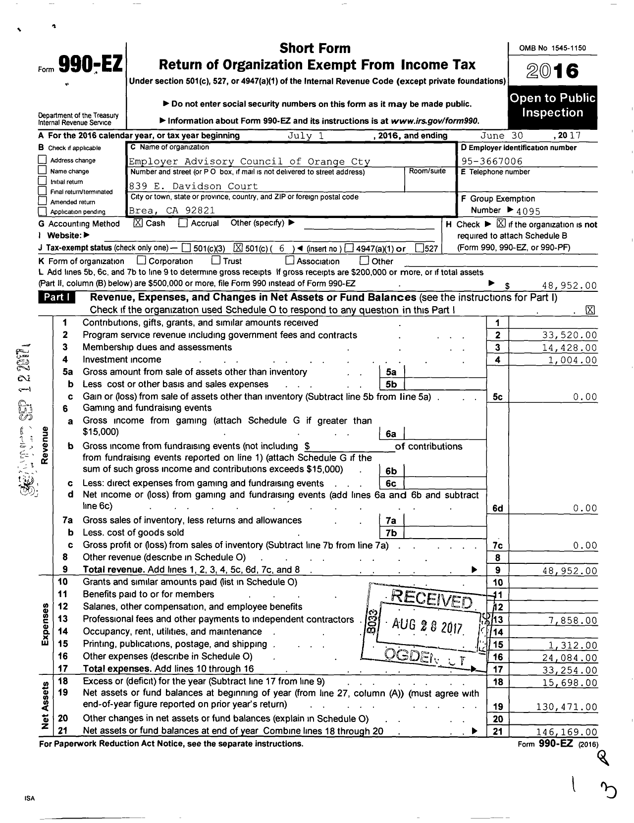 Image of first page of 2016 Form 990EO for California Employer Advisory Council / Orange County Emp Advisory Council