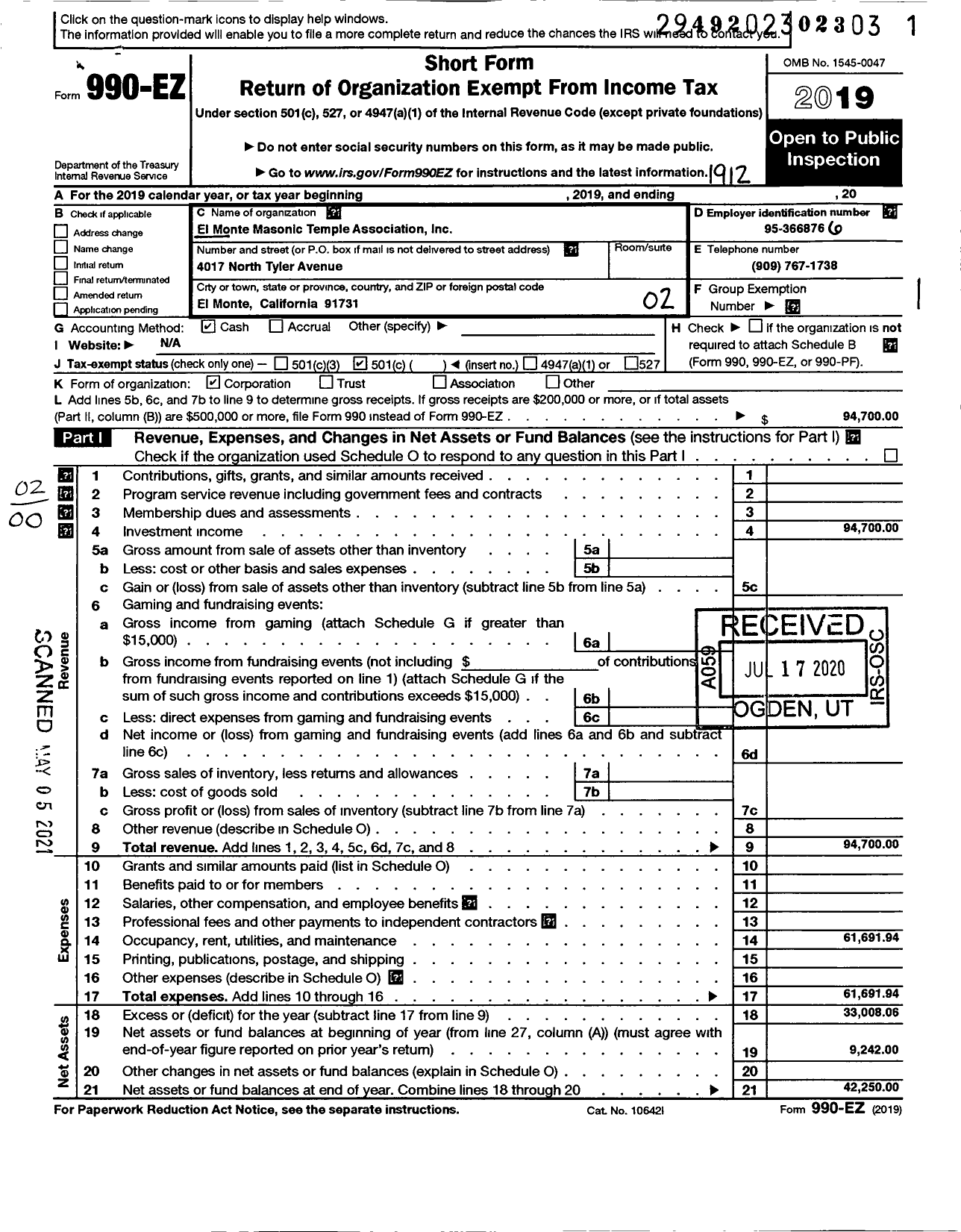 Image of first page of 2019 Form 990EO for El Monte Masonic Temple Association