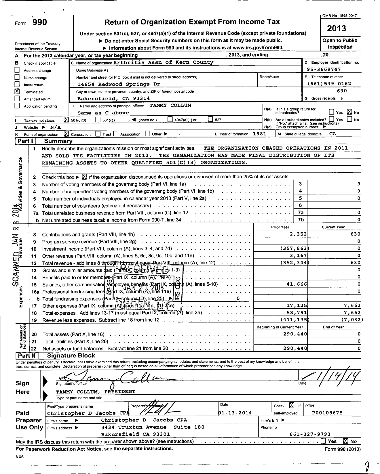 Image of first page of 2013 Form 990 for Arthritis Association of Kern County