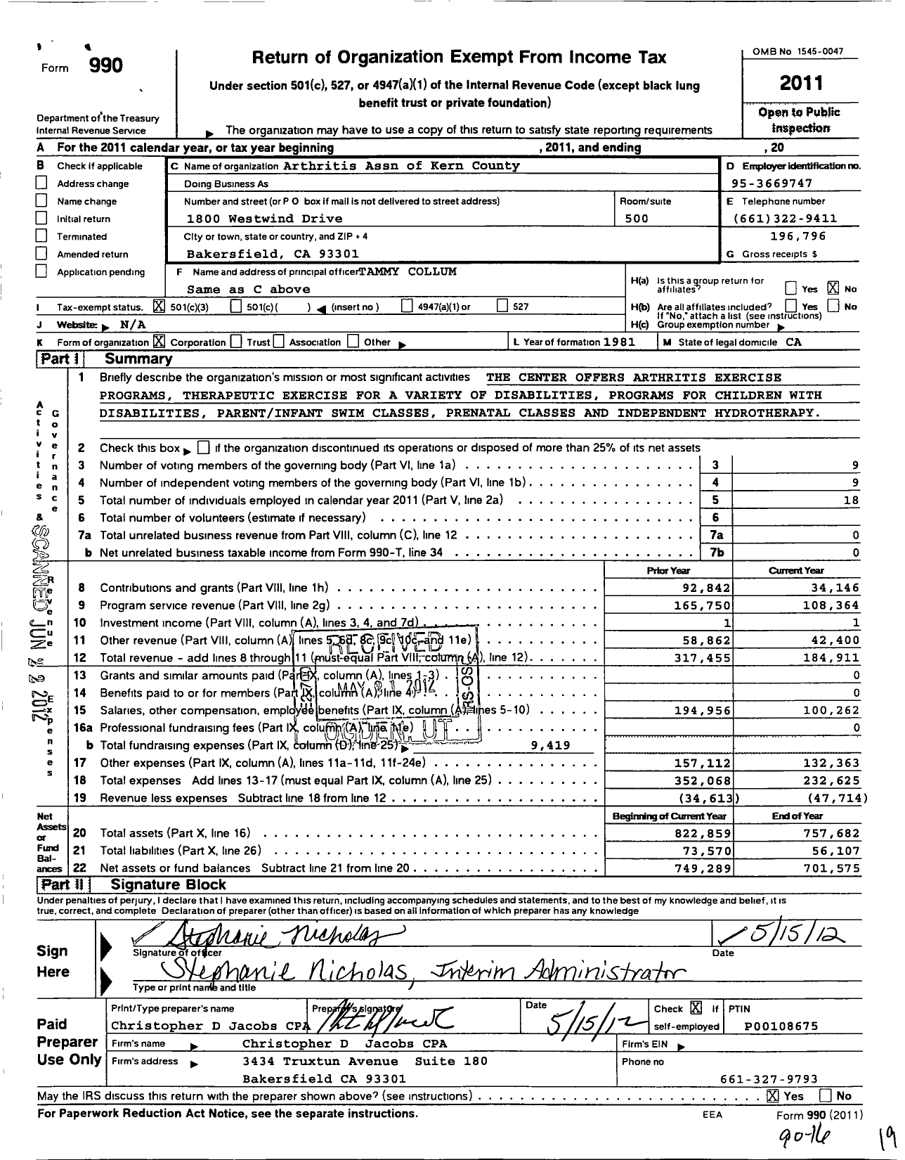 Image of first page of 2011 Form 990 for Arthritis Association of Kern County