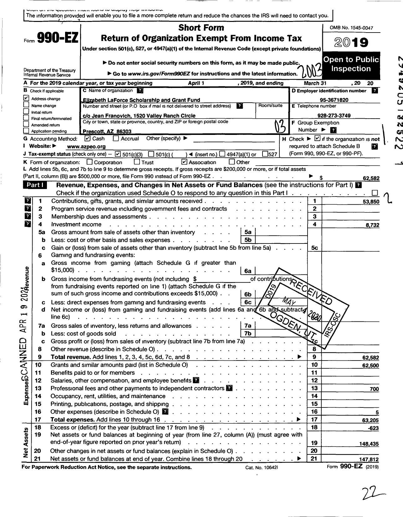 Image of first page of 2019 Form 990EZ for Arizona PEO Project Fund Association