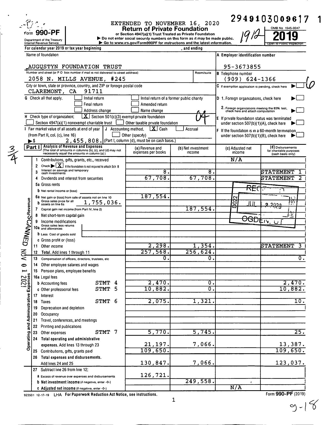 Image of first page of 2019 Form 990PF for Augustyn Foundation Trust