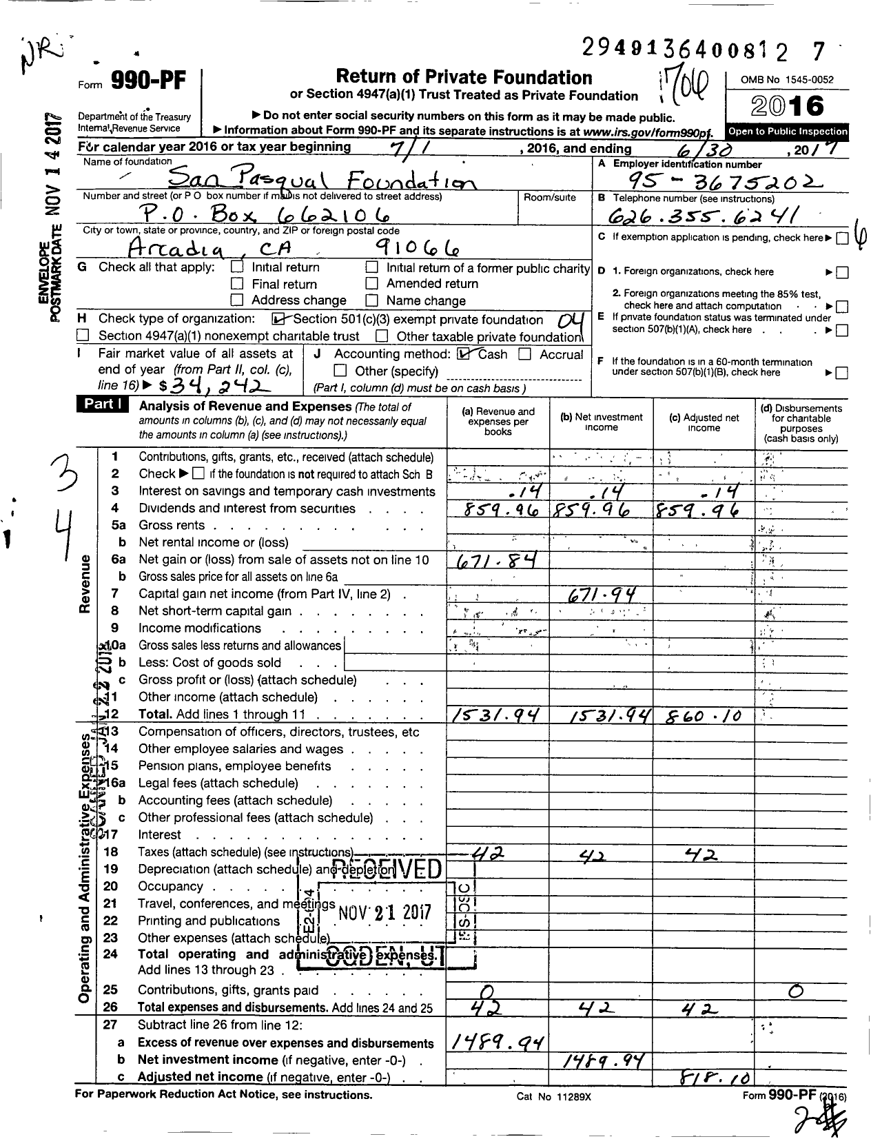 Image of first page of 2016 Form 990PF for San Pasqual Foundation