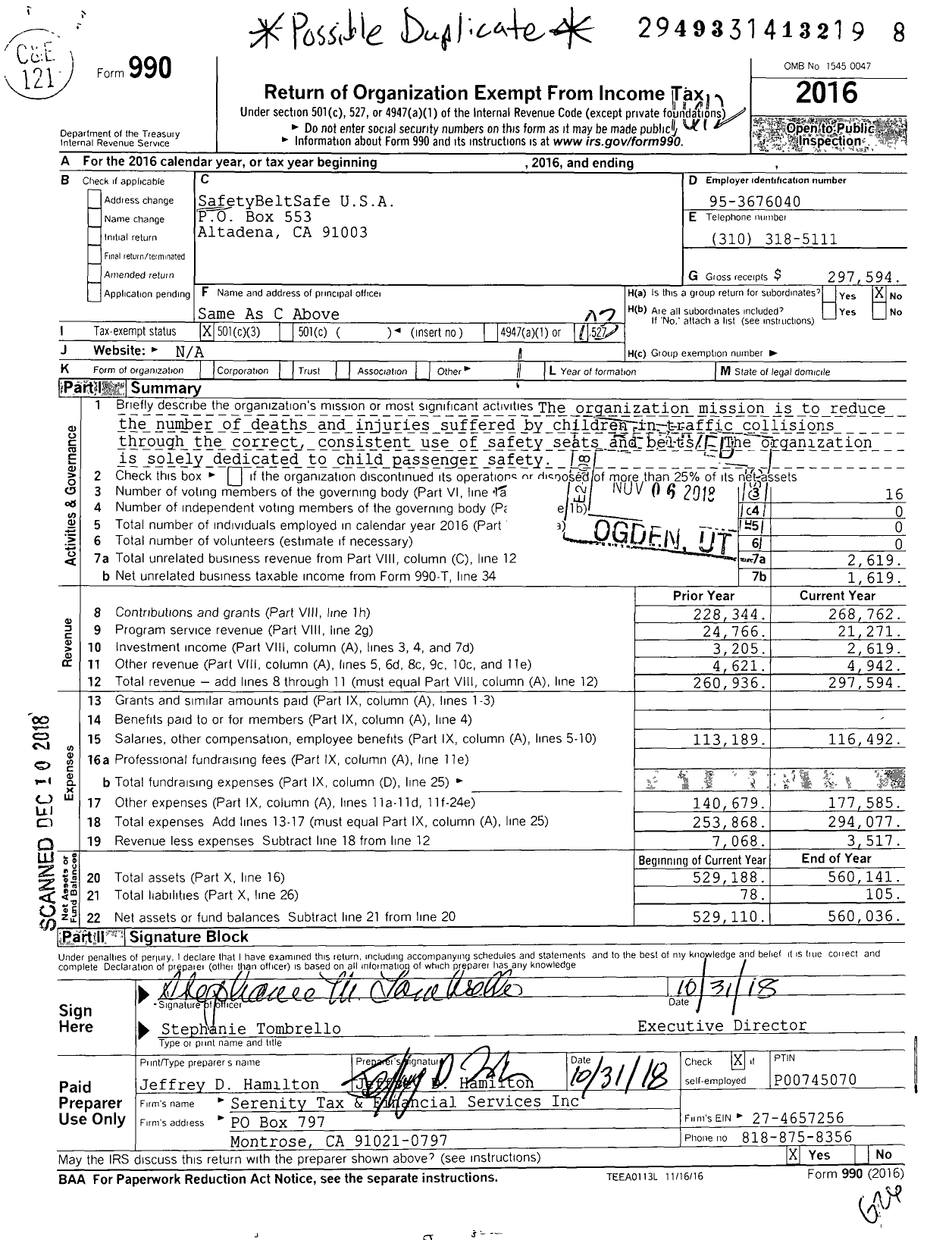 Image of first page of 2016 Form 990 for SafetyBeltSafe USA