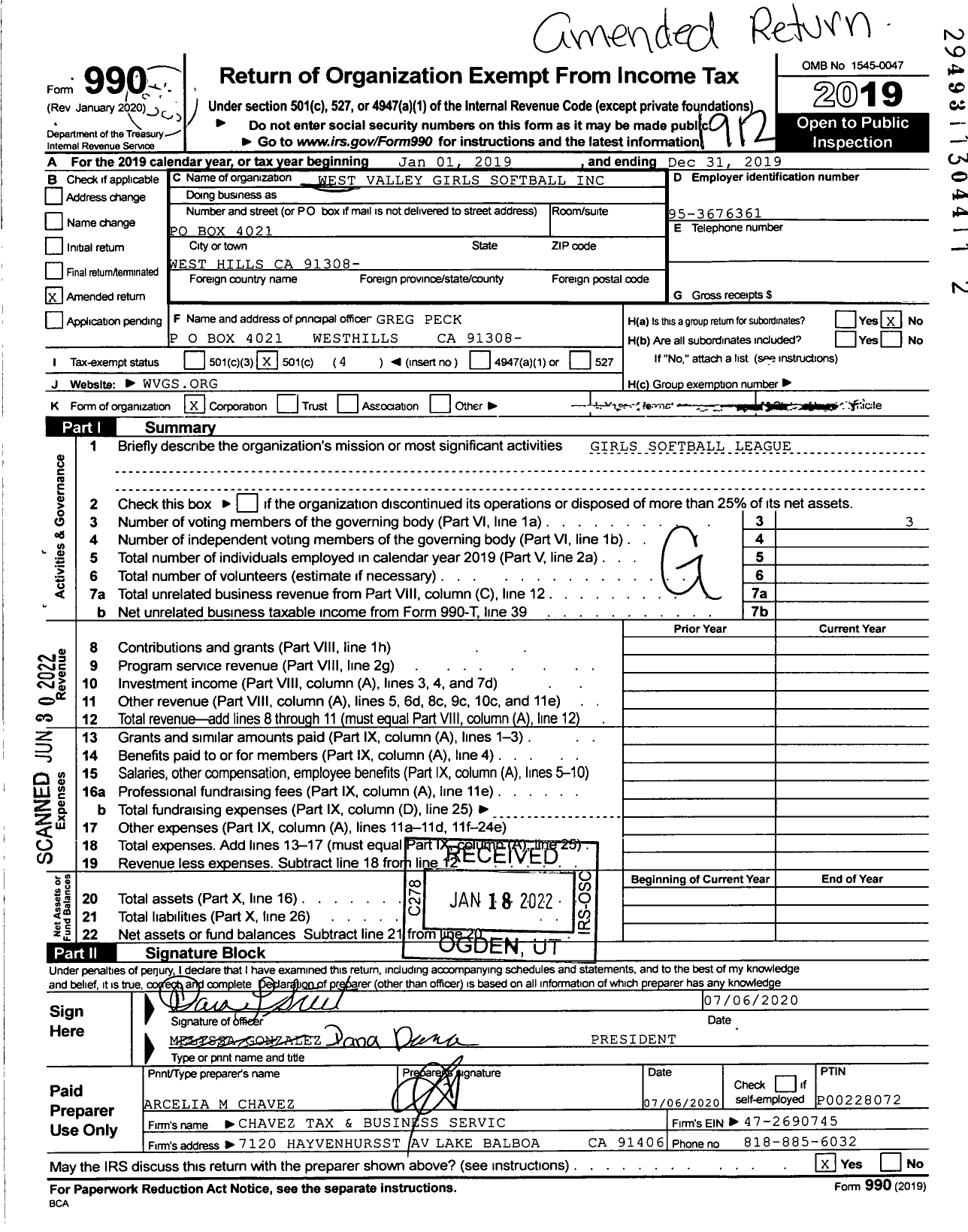 Image of first page of 2019 Form 990O for West Valley Girls Softball