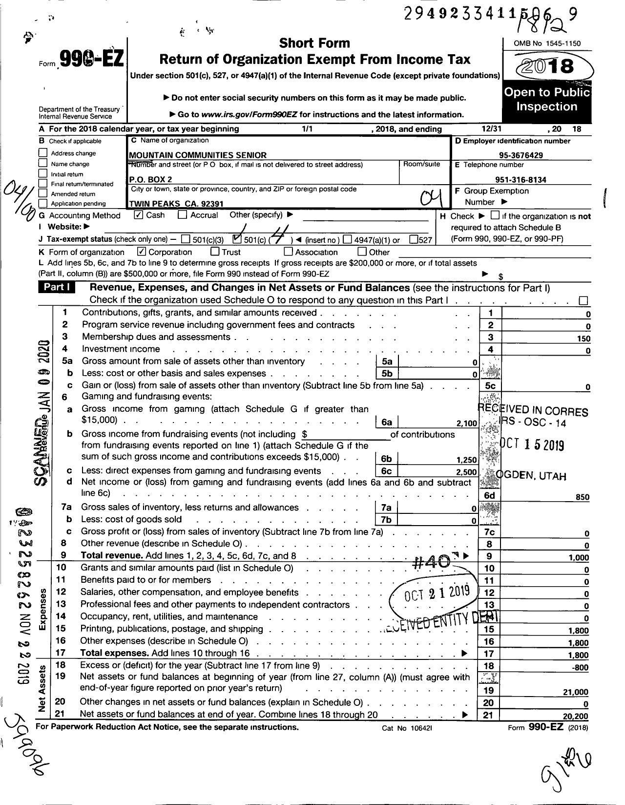 Image of first page of 2018 Form 990EO for Mountain Communities Senior Citizens