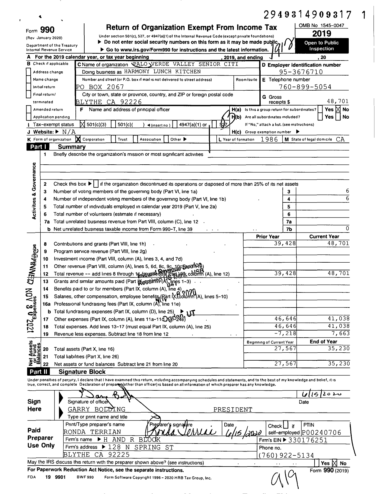 Image of first page of 2019 Form 990 for Harmony Lunch Kitchen