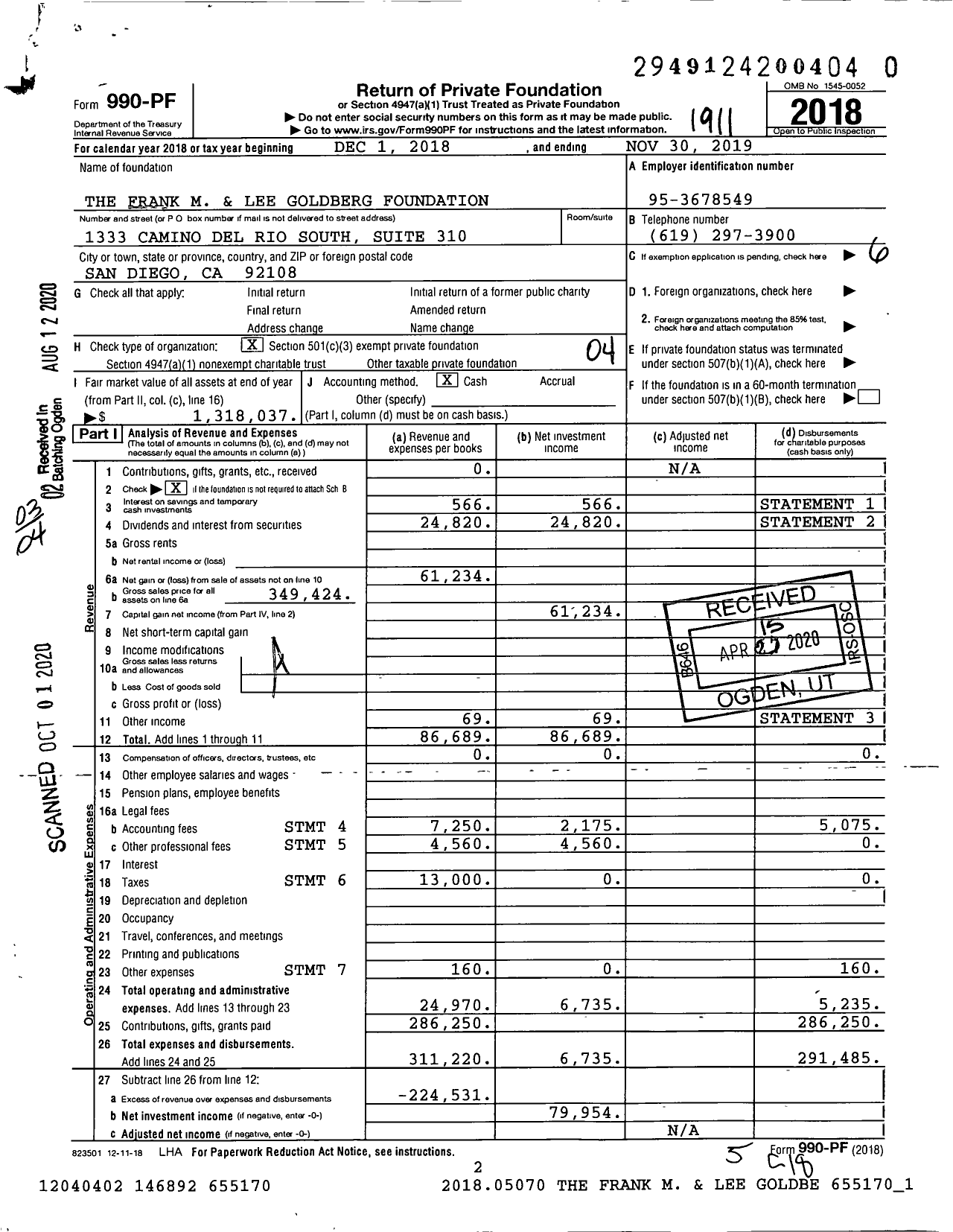 Image of first page of 2018 Form 990PR for The Frank M and Lee Goldberg Foundation