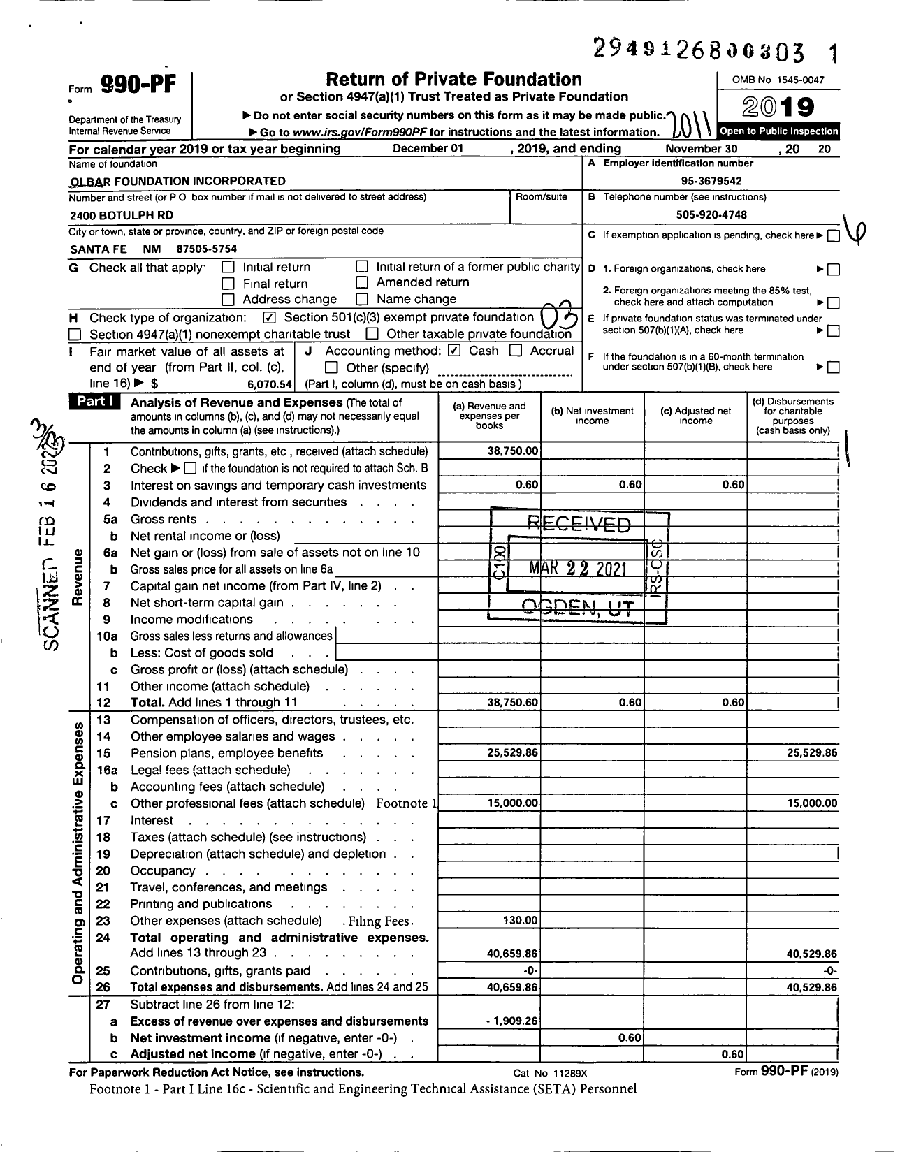 Image of first page of 2019 Form 990PF for Olbar Foundation Incorporated