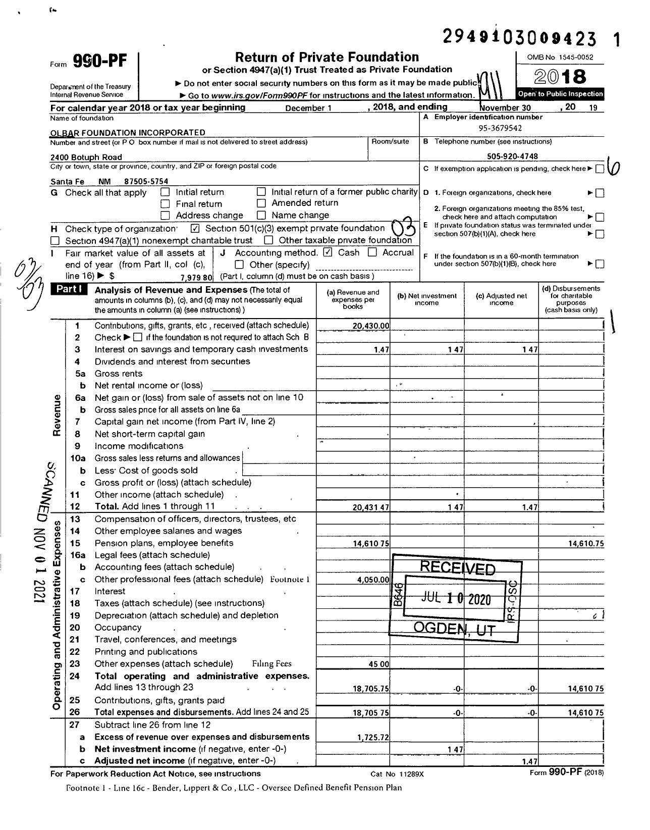 Image of first page of 2018 Form 990PF for Olbar Foundation Incorporated