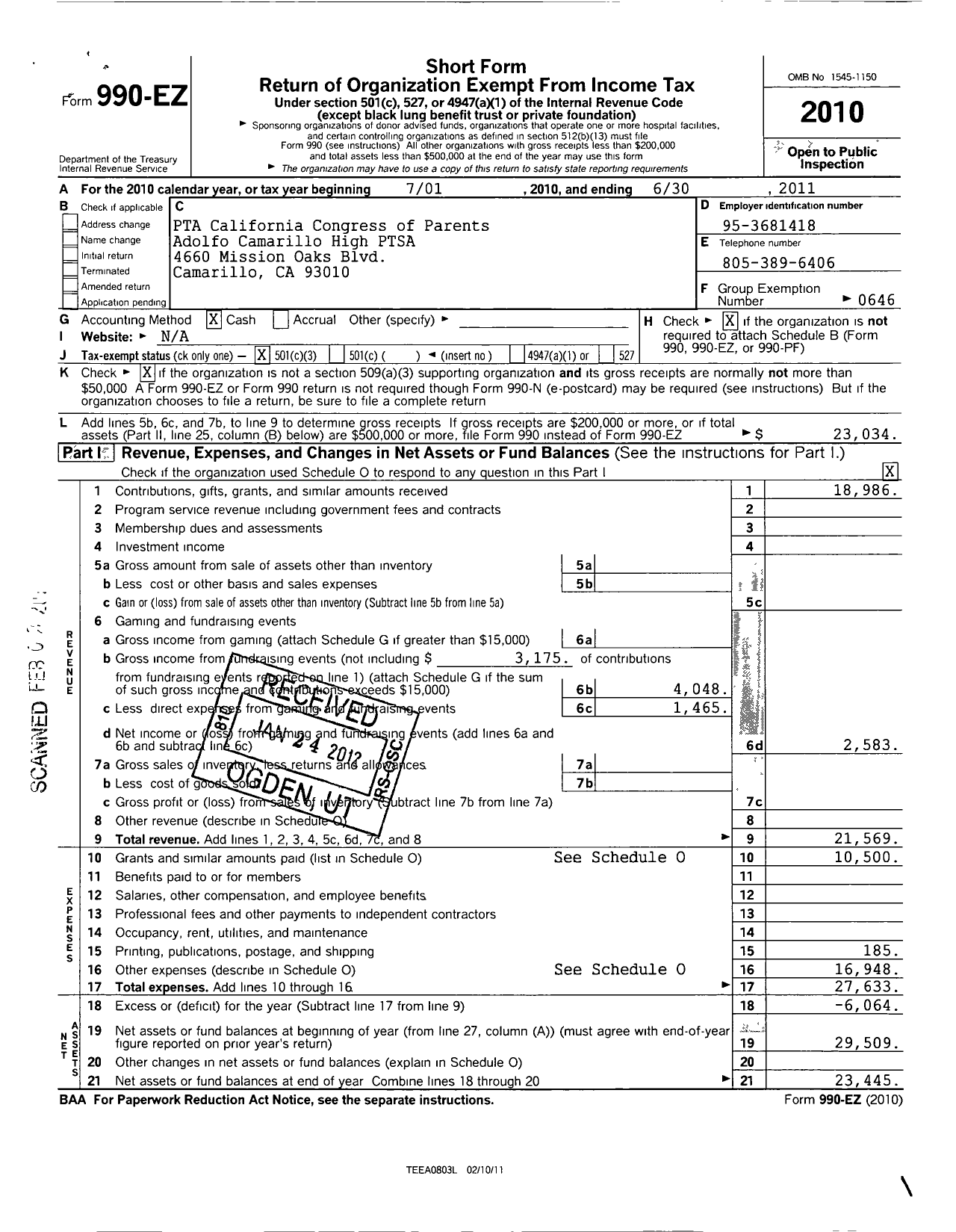 Image of first page of 2010 Form 990EZ for California State PTA - Adolfo Camarillo High Ptsa