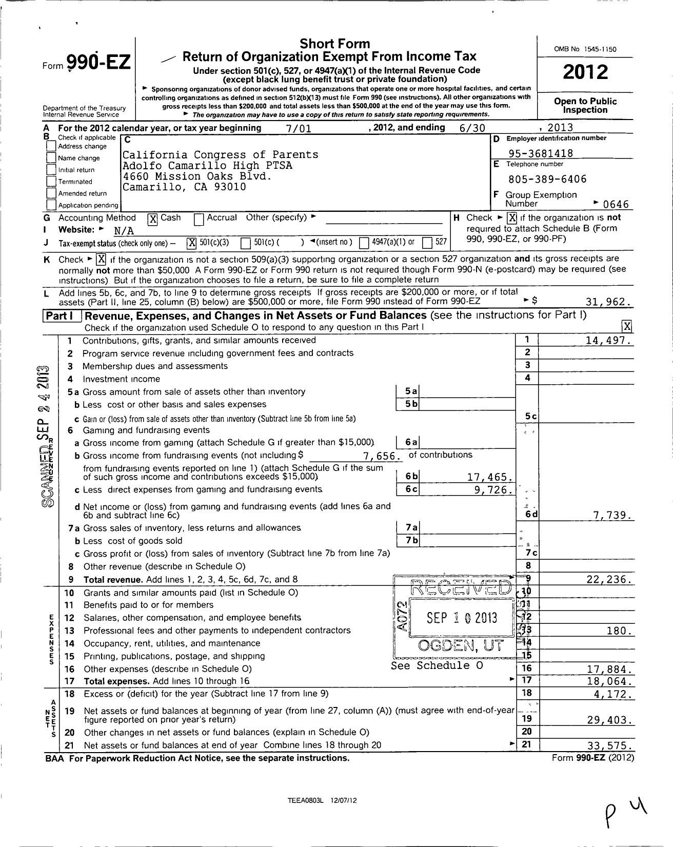 Image of first page of 2012 Form 990EZ for California State PTA - Adolfo Camarillo High Ptsa