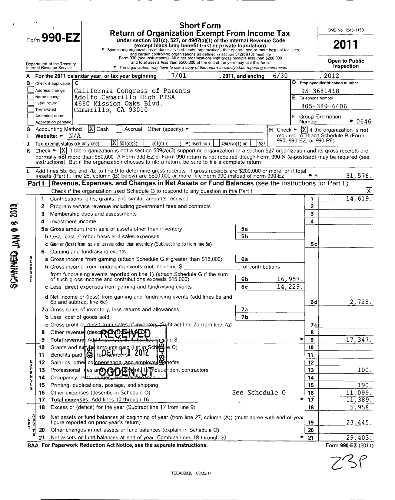 Image of first page of 2011 Form 990EZ for California State PTA - Adolfo Camarillo High Ptsa