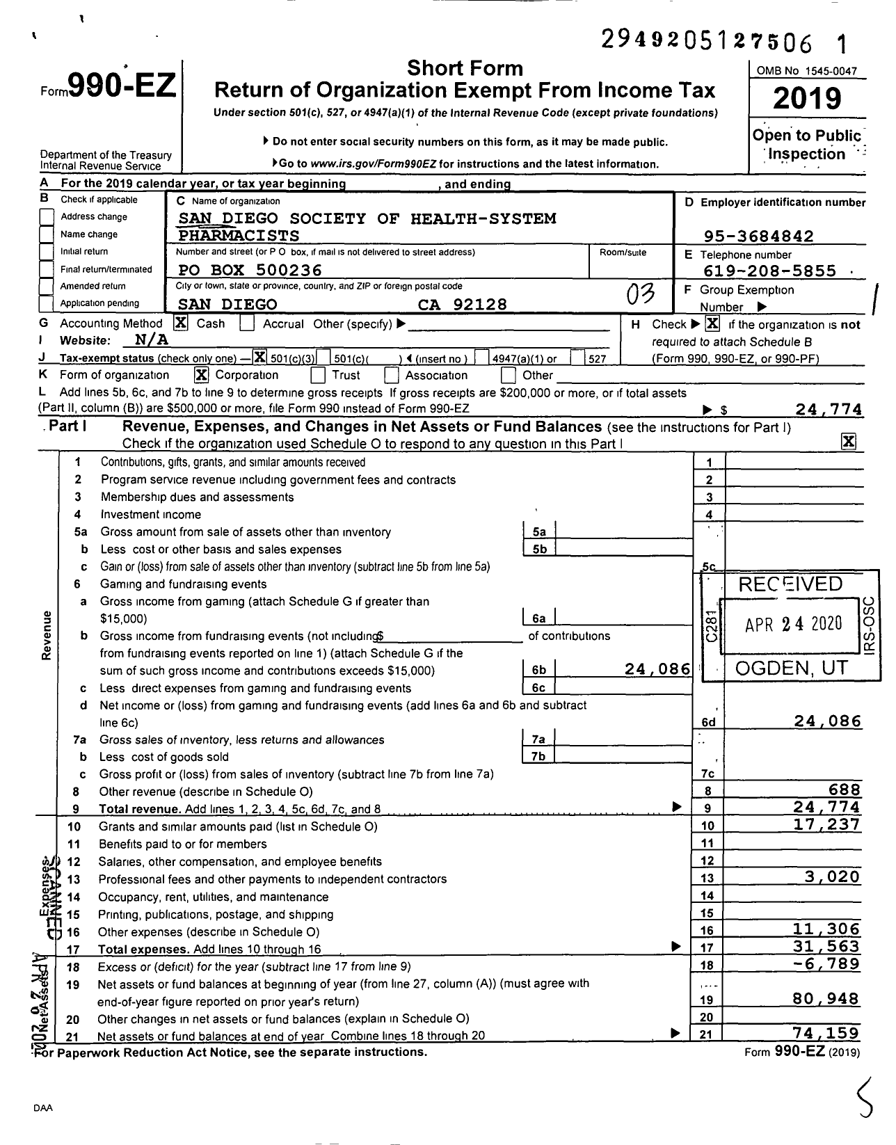 Image of first page of 2019 Form 990EZ for San Diego Society of Health-System Pharmacist