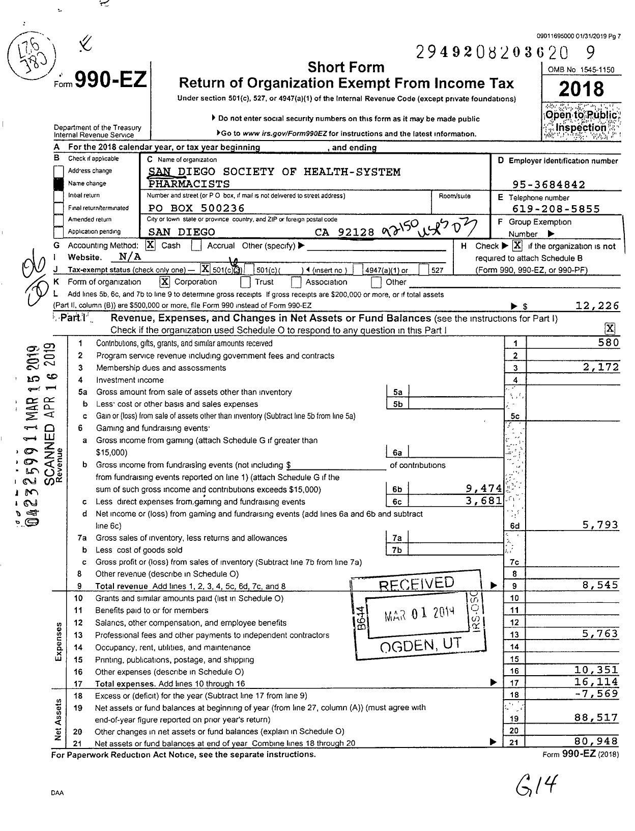 Image of first page of 2018 Form 990EO for San Diego Society of Health-System Pharmacist