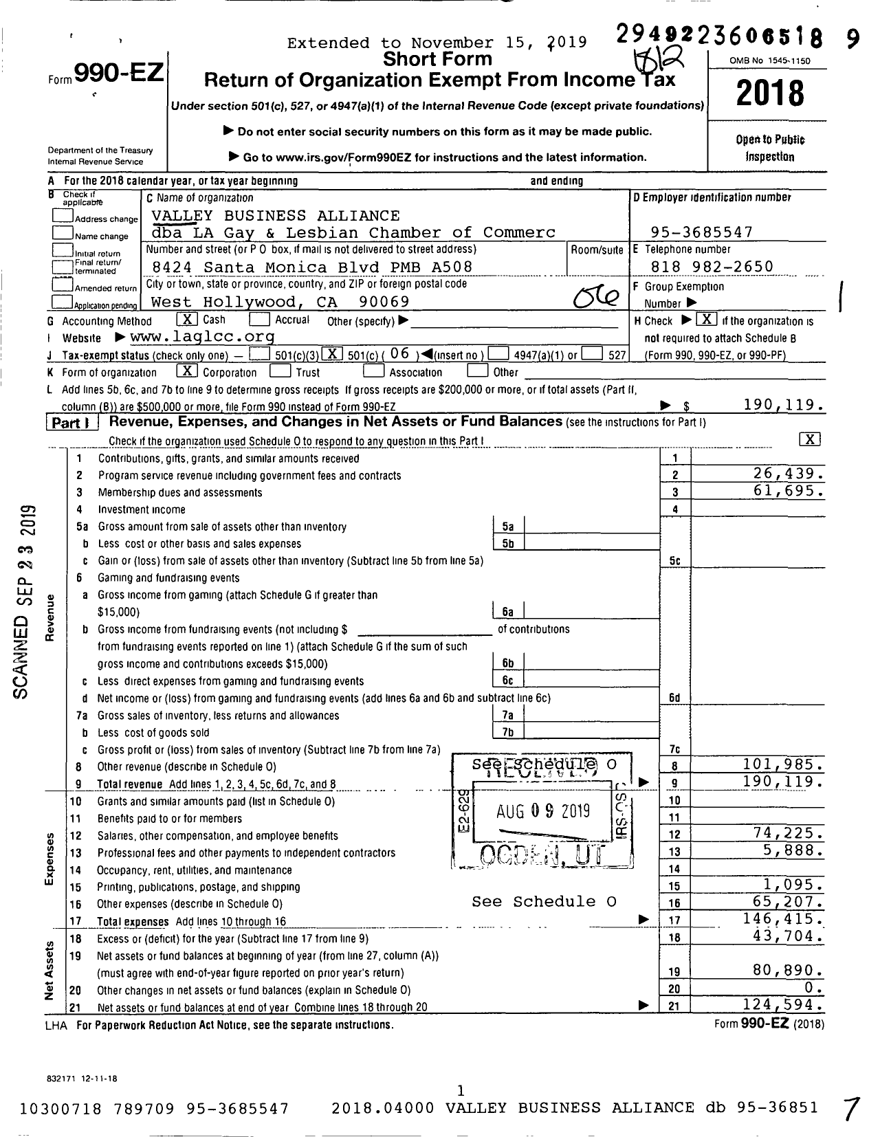 Image of first page of 2018 Form 990EO for Los Angeles LGBTQ Chamber of Commerc