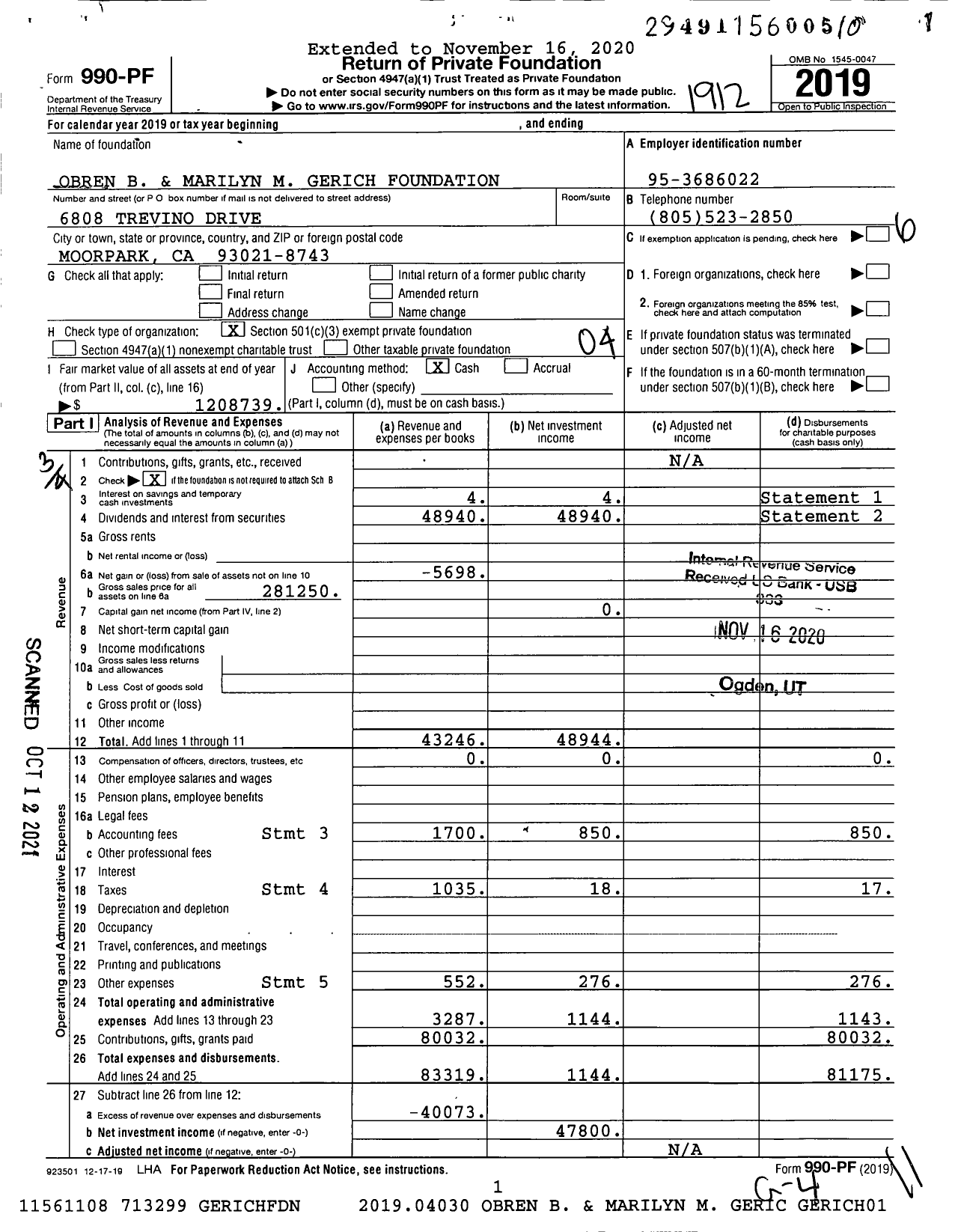 Image of first page of 2019 Form 990PF for Obren B and Marilyn M Gerich Foundation