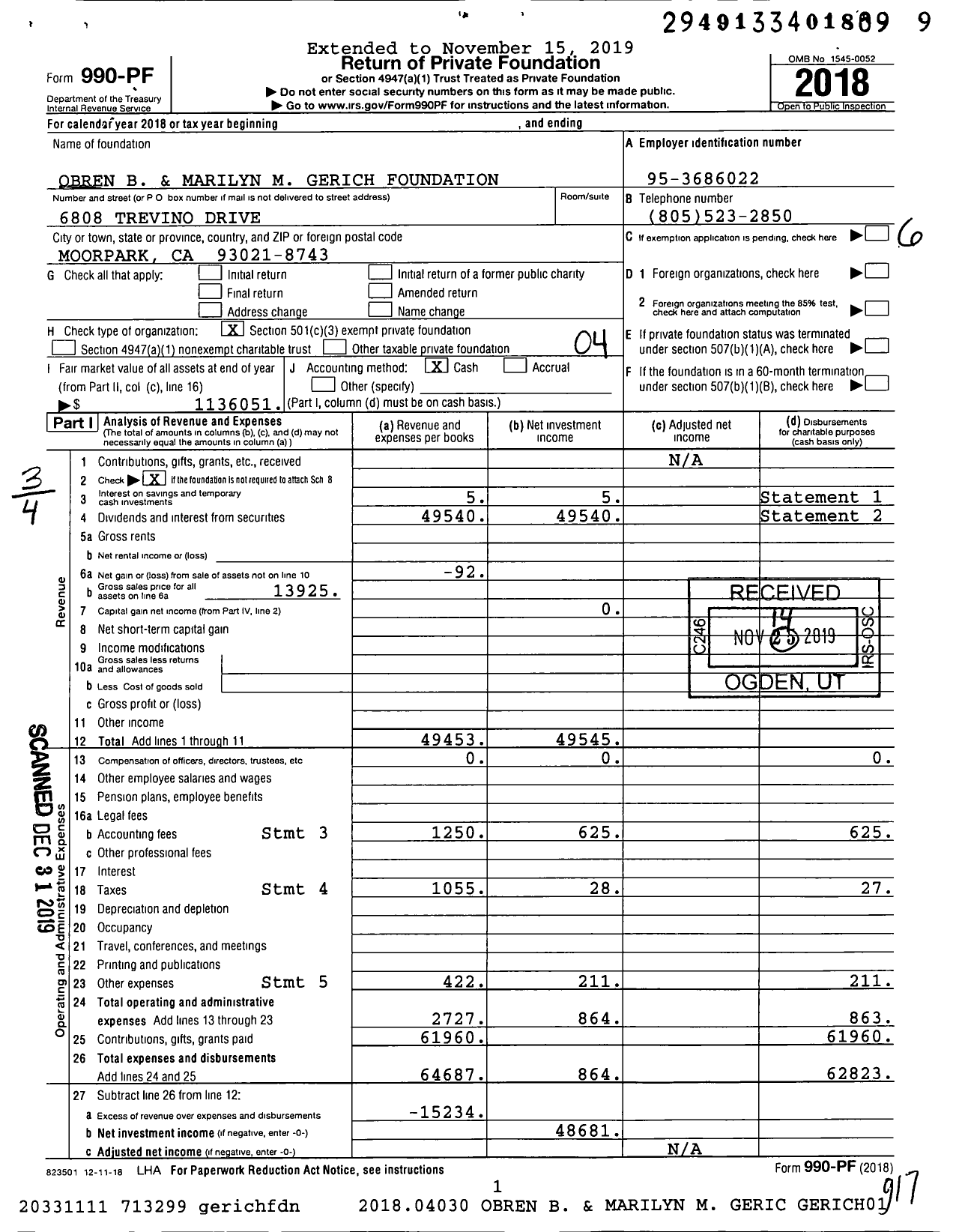 Image of first page of 2018 Form 990PF for Obren B and Marilyn M Gerich Foundation