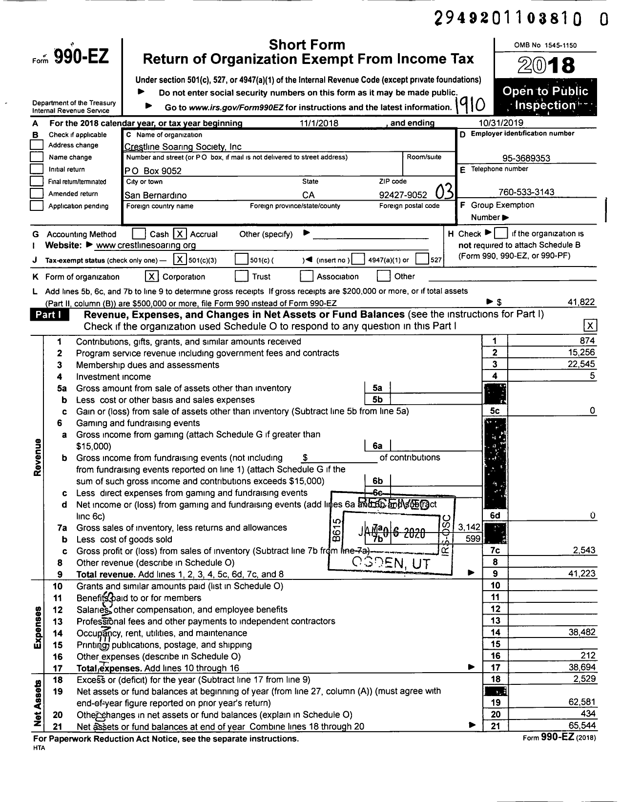 Image of first page of 2018 Form 990EZ for Crestline Soaring Society