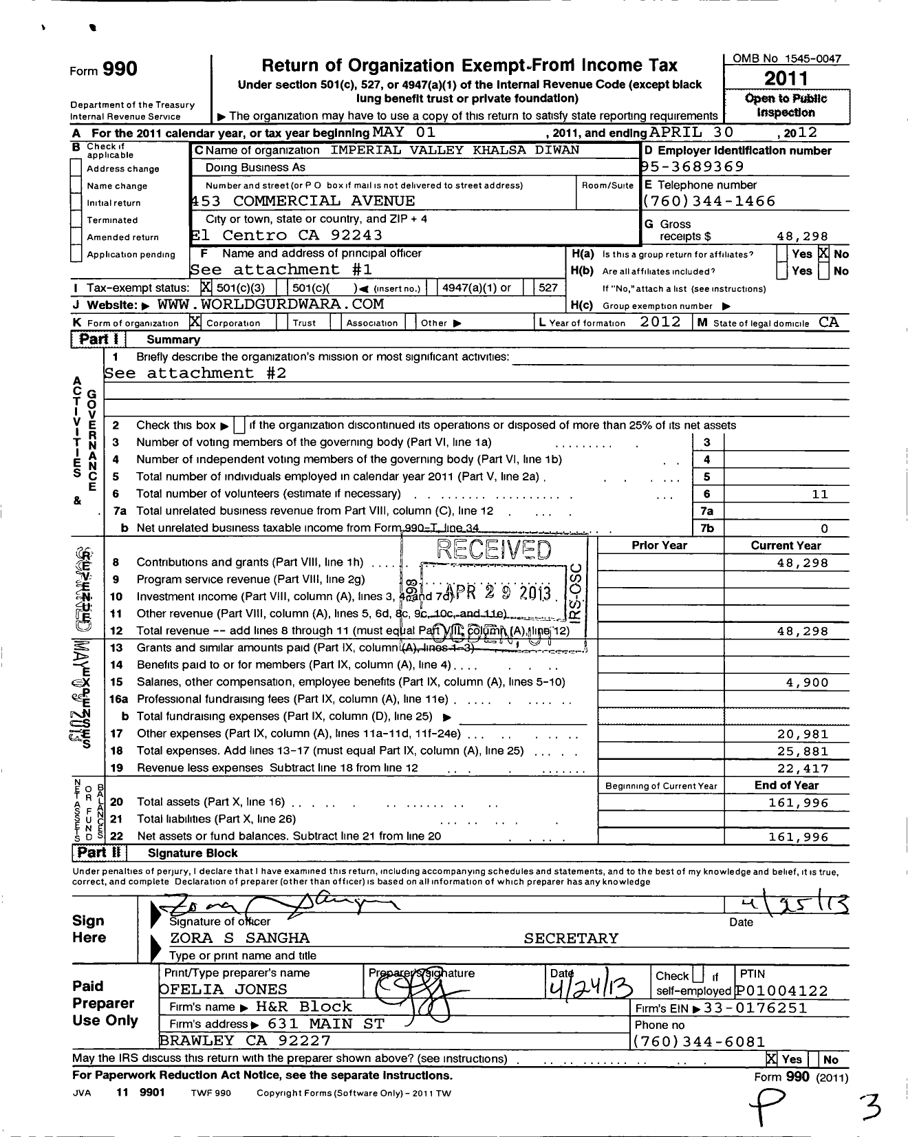 Image of first page of 2011 Form 990 for Imperial Valley Khalsa Diwan
