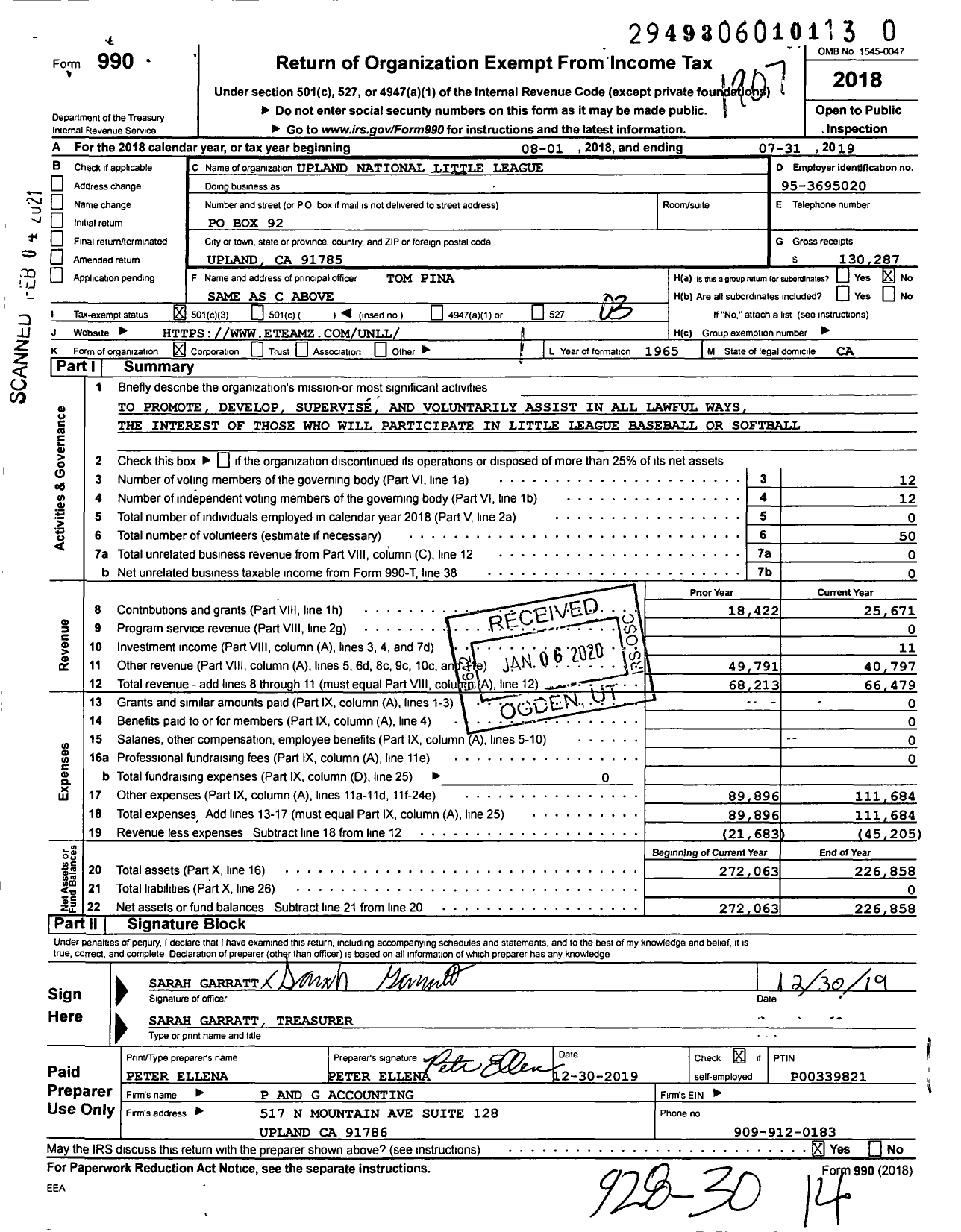 Image of first page of 2018 Form 990 for Little League Baseball - 4052320 Upland National LL