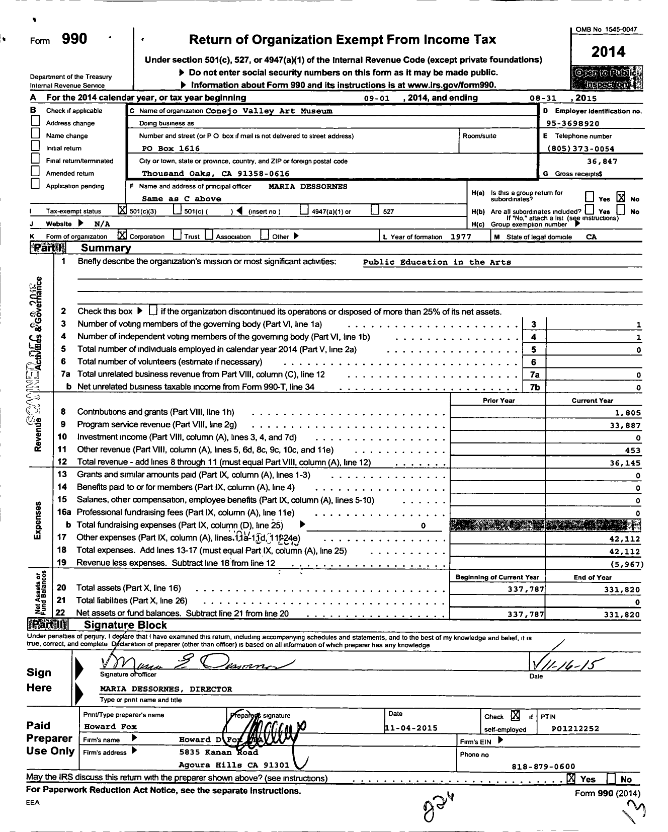 Image of first page of 2014 Form 990 for Conejo Valley Art Museum