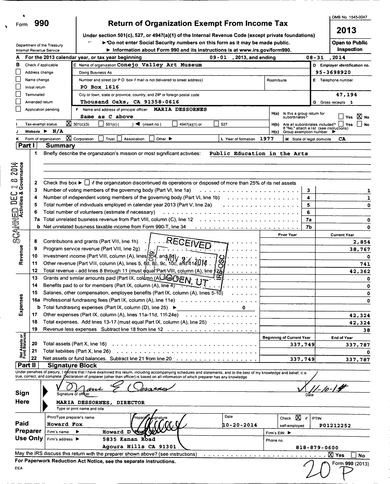 Image of first page of 2013 Form 990 for Conejo Valley Art Museum