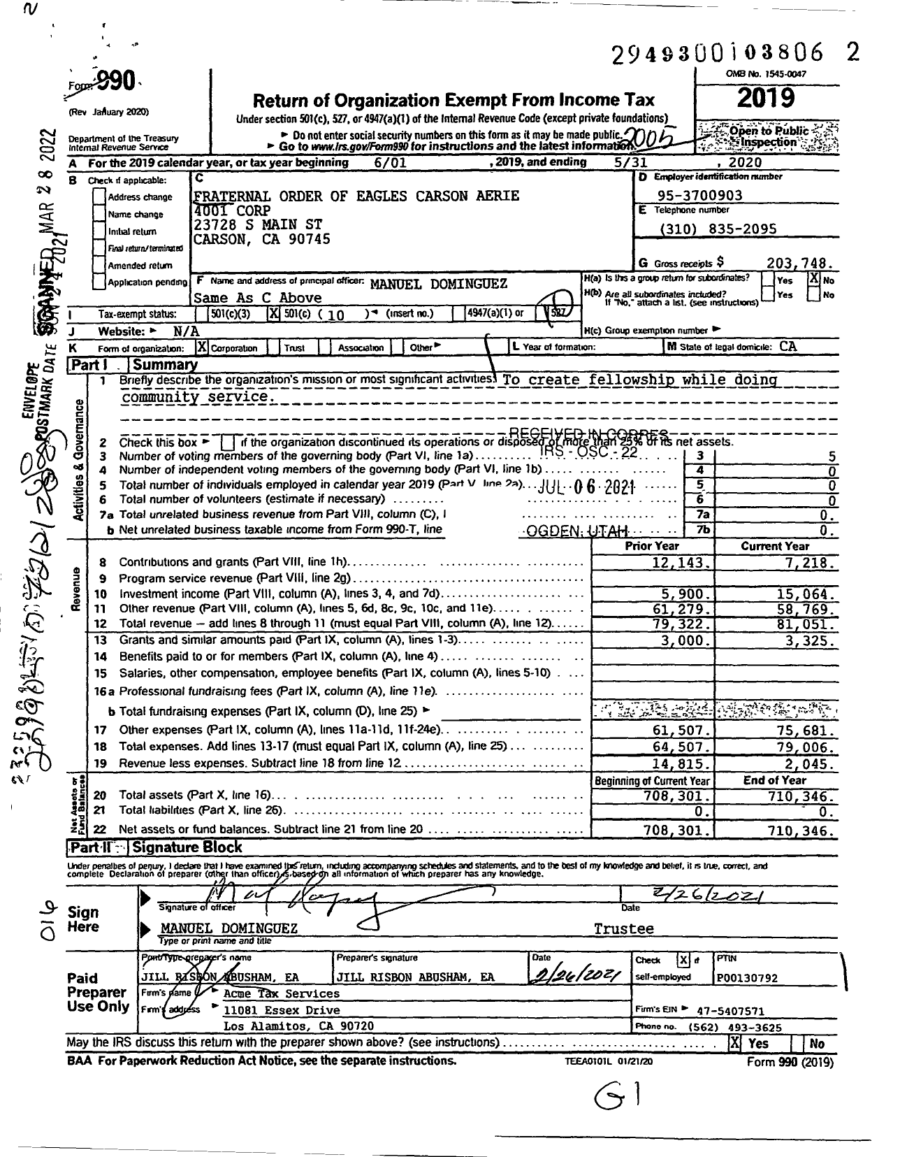 Image of first page of 2019 Form 990O for Fraternal Order of Eagles - 4001 Carson Aerie Corp