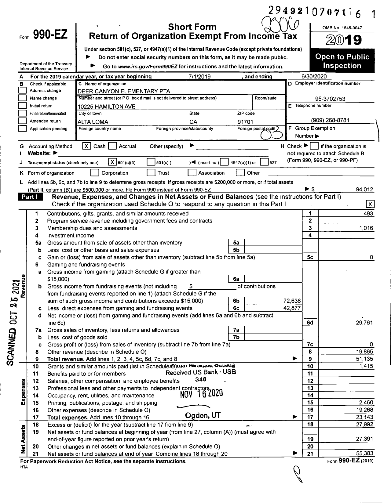 Image of first page of 2019 Form 990EZ for California State PTA - Deer Canyon Elementary PTA
