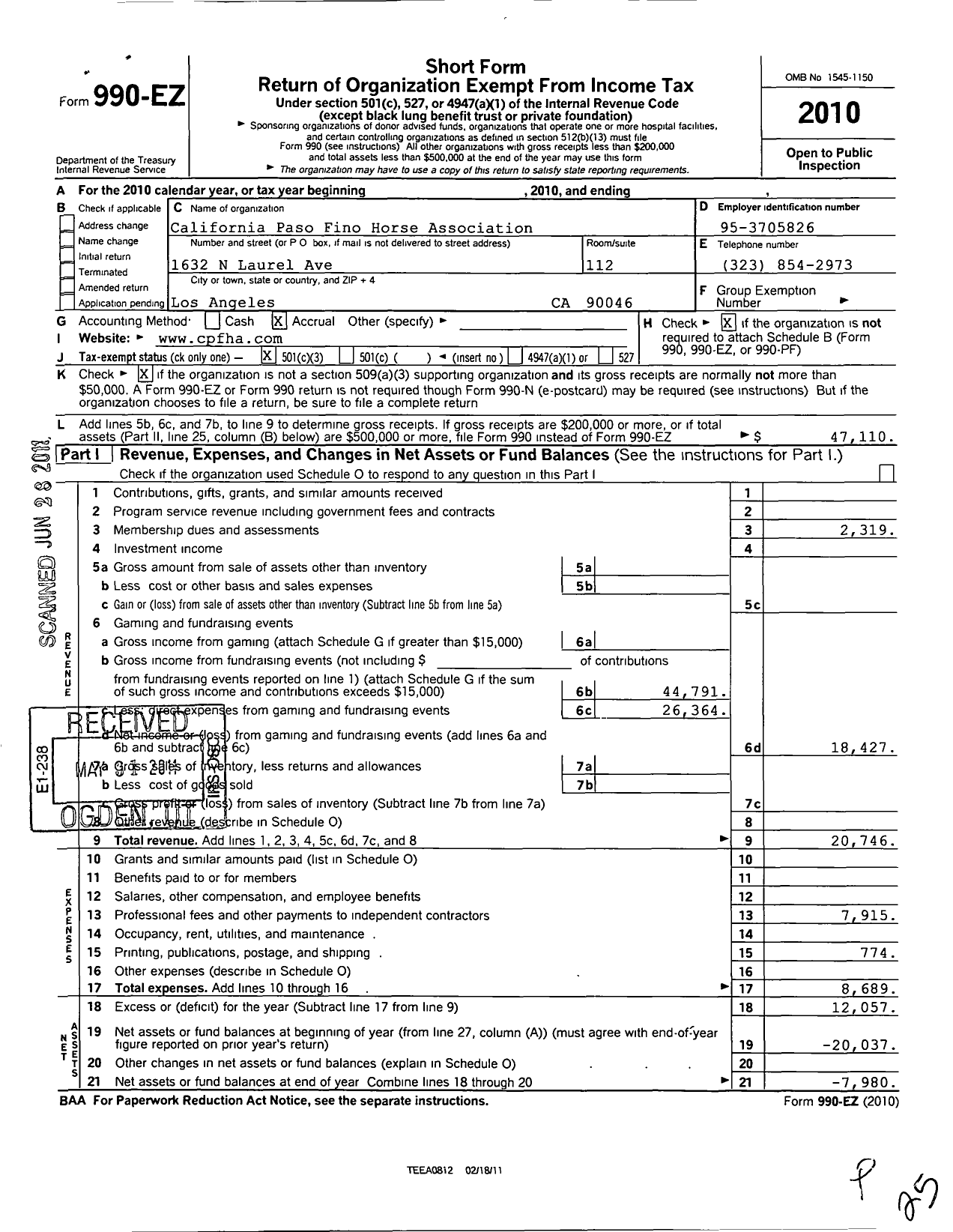 Image of first page of 2010 Form 990EZ for California Paso Fino Horse Association