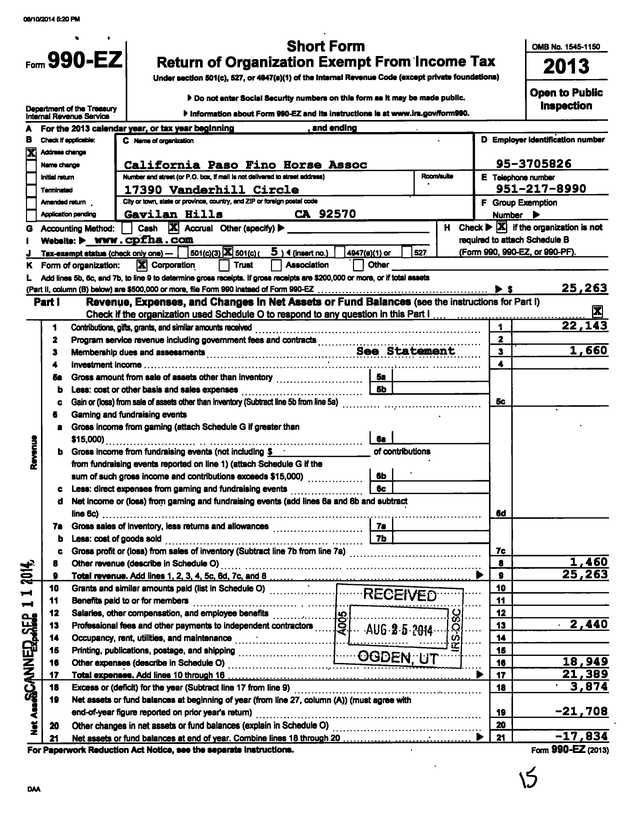 Image of first page of 2013 Form 990EO for California Paso Fino Horse Association