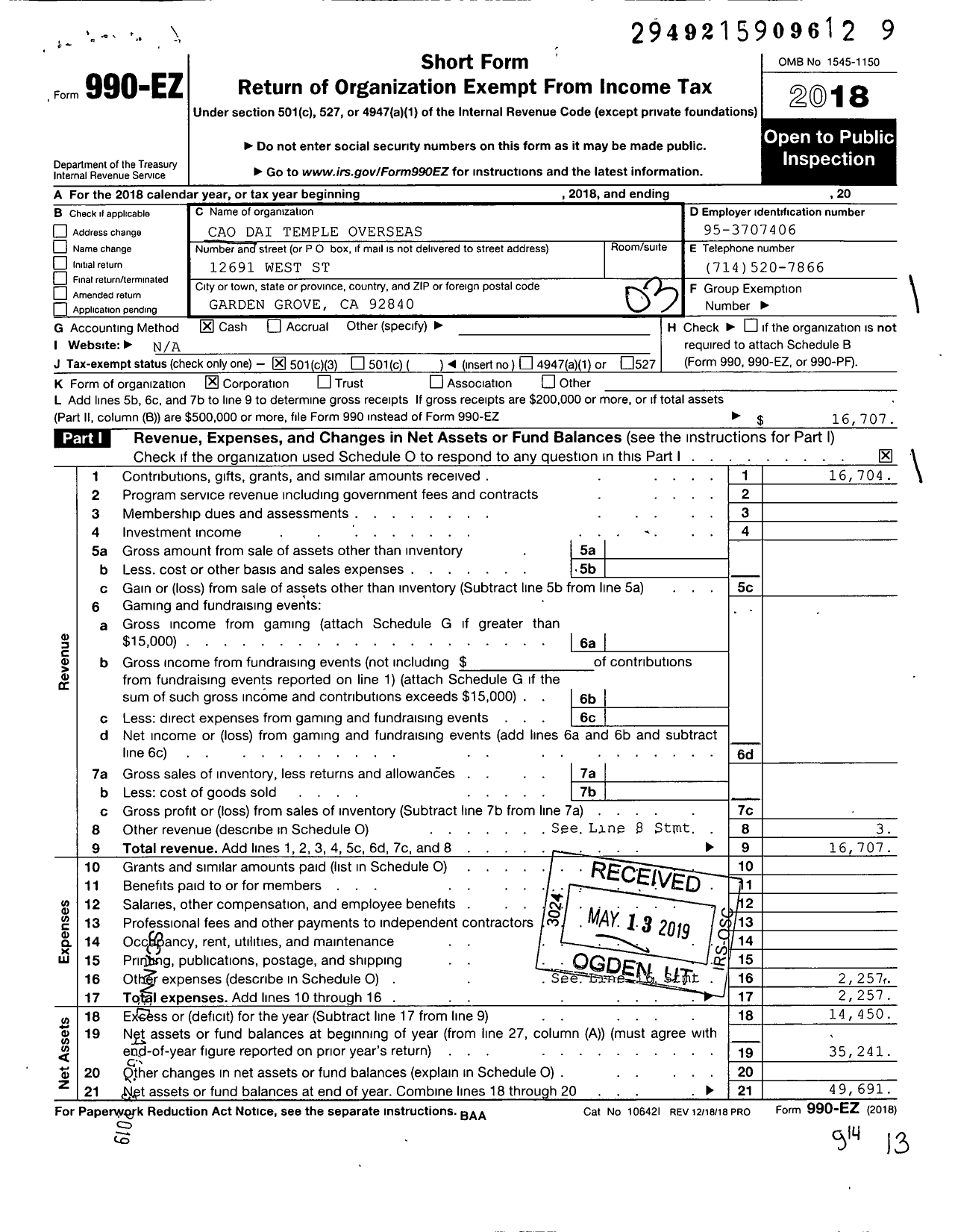 Image of first page of 2018 Form 990EZ for Cao Dai Temple Overseas