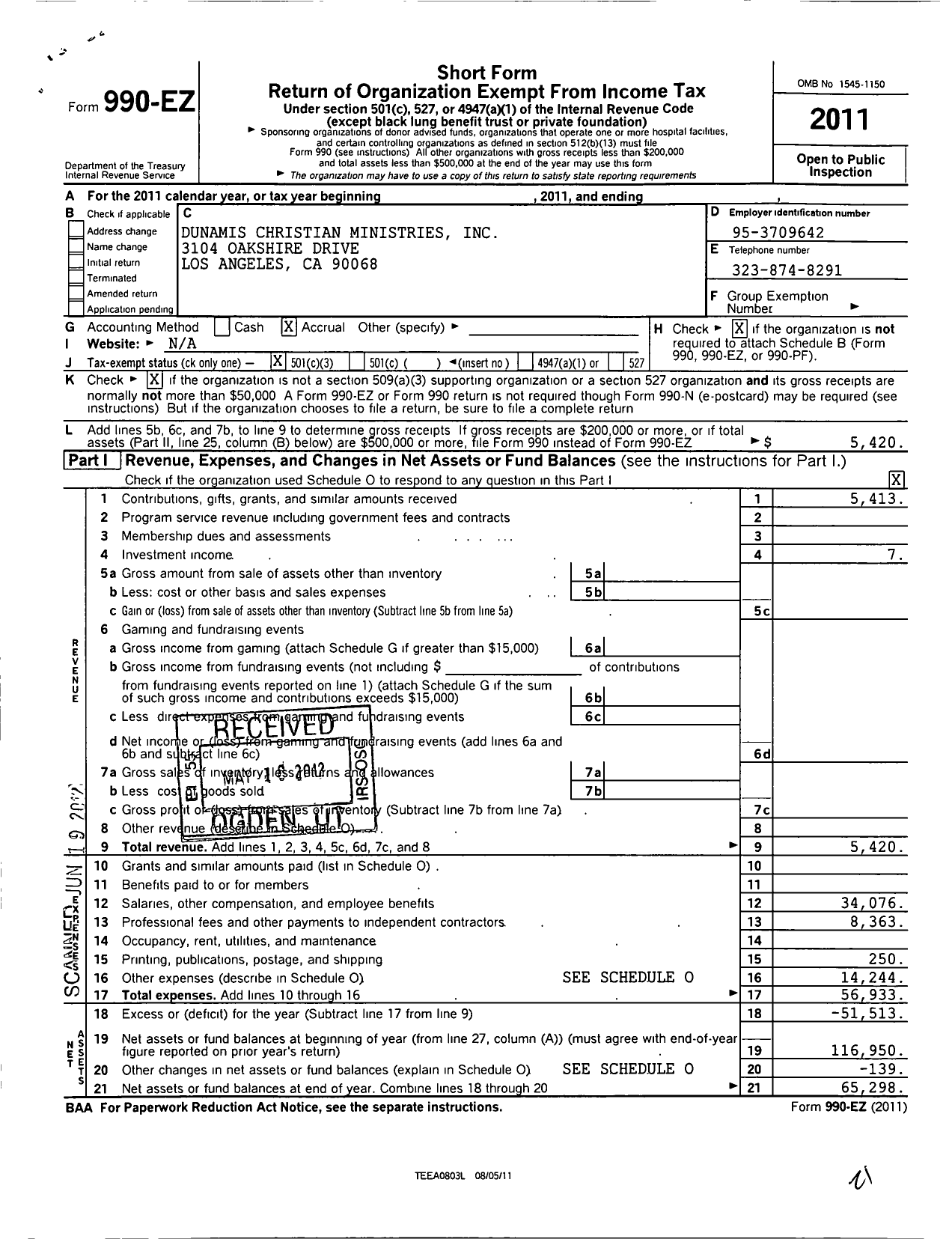 Image of first page of 2011 Form 990EZ for Dunamis Christian Ministries