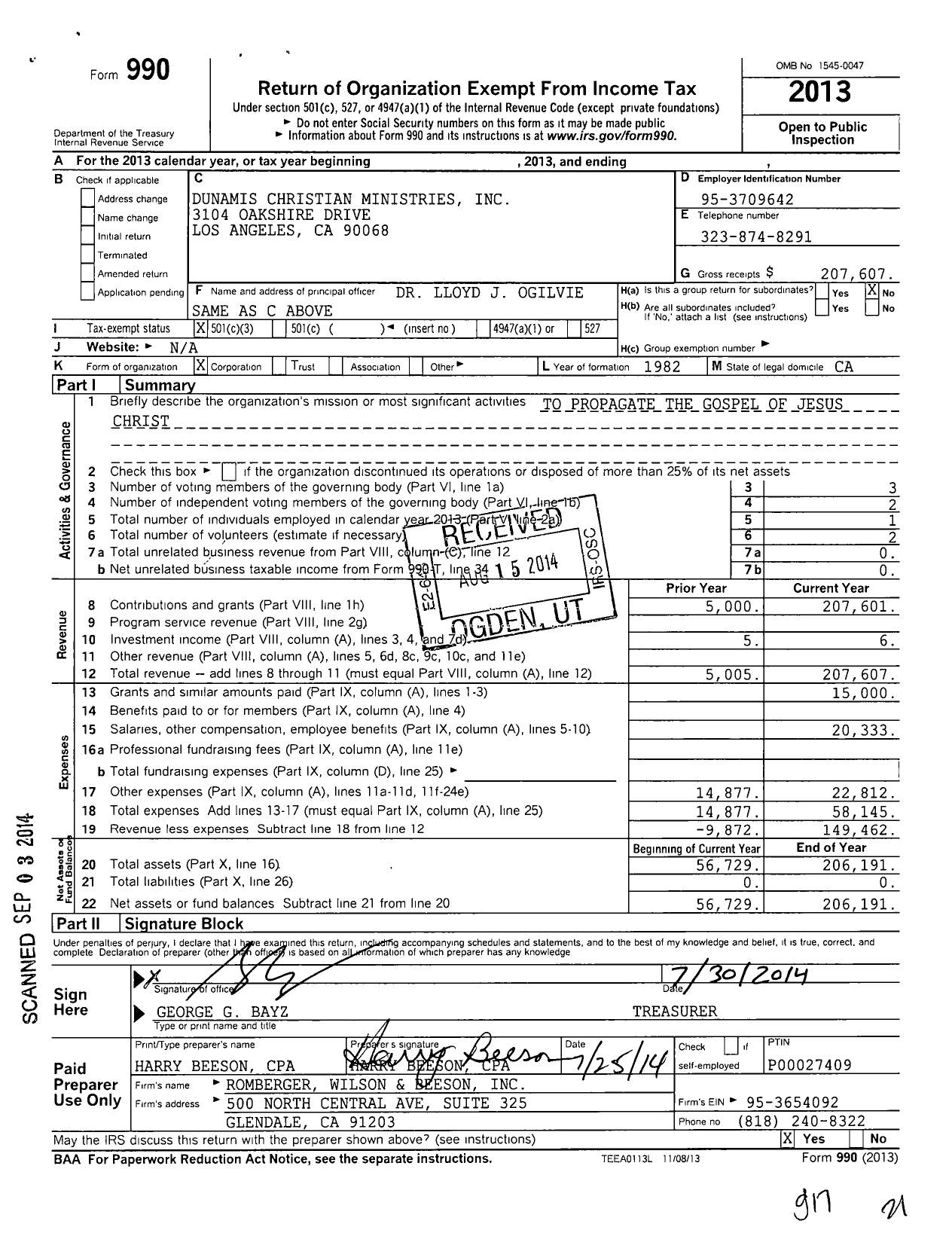 Image of first page of 2013 Form 990 for Dunamis Christian Ministries