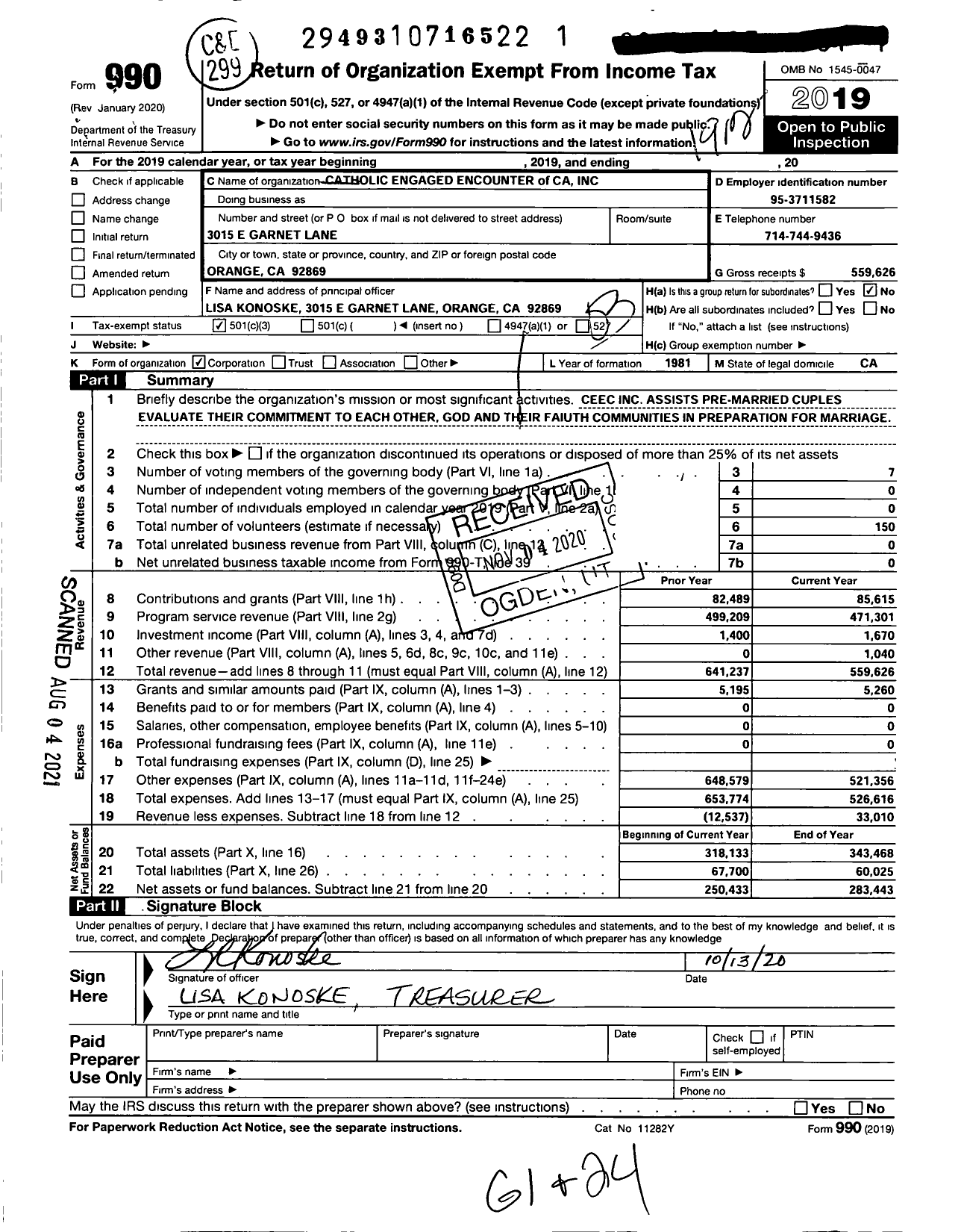 Image of first page of 2019 Form 990 for Catholic Engaged Encounter of Ca