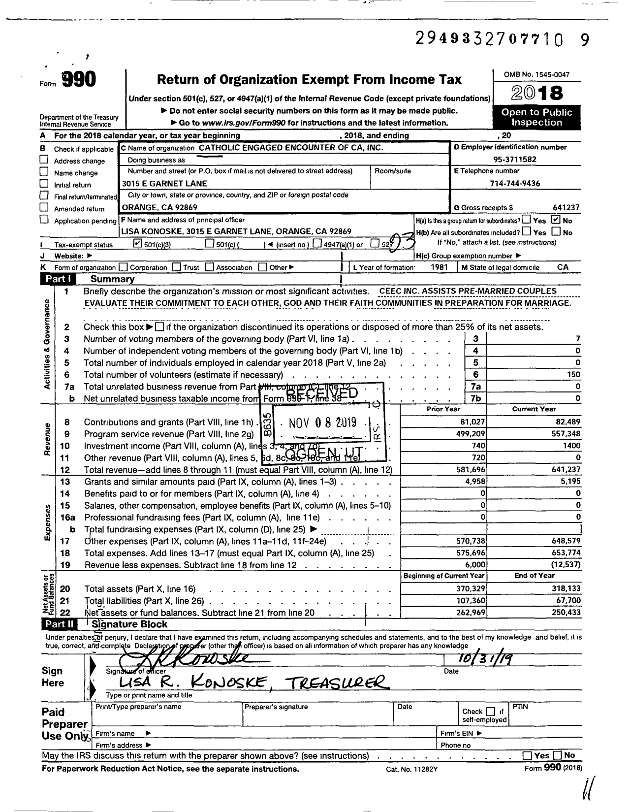 Image of first page of 2018 Form 990 for Catholic Engaged Encounter of Ca