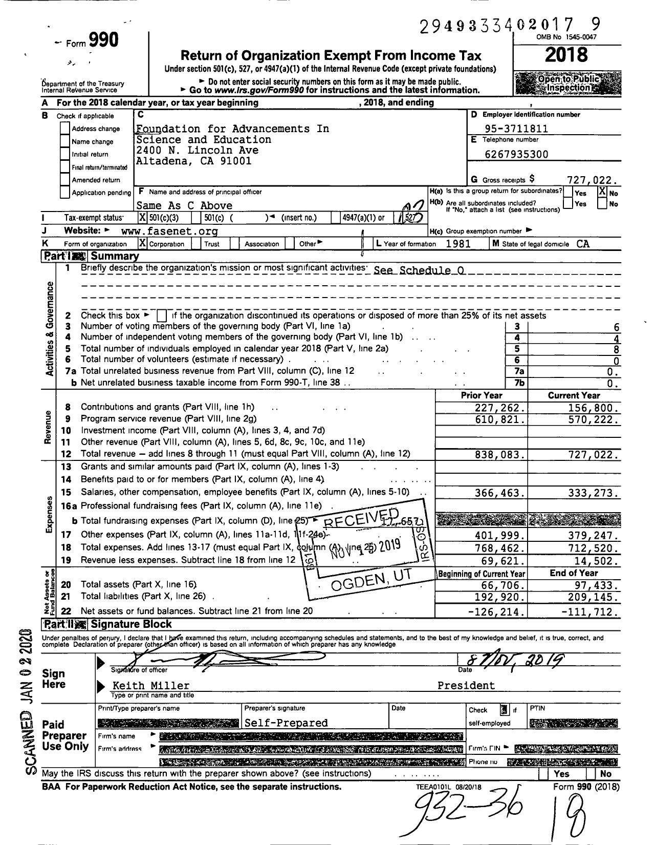 Image of first page of 2018 Form 990 for Foundation for Advancements in Science and Education